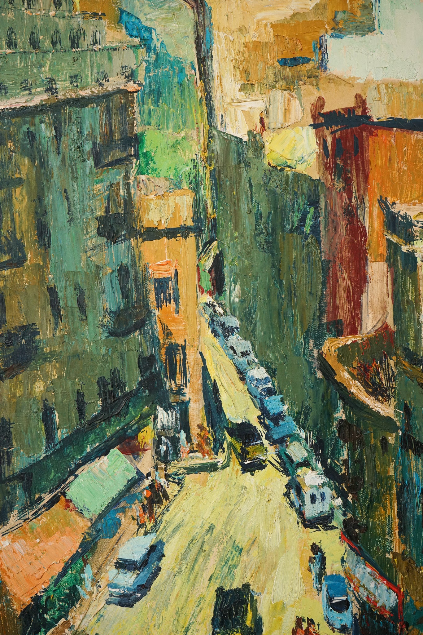A painting of a city street with cars and buildings.