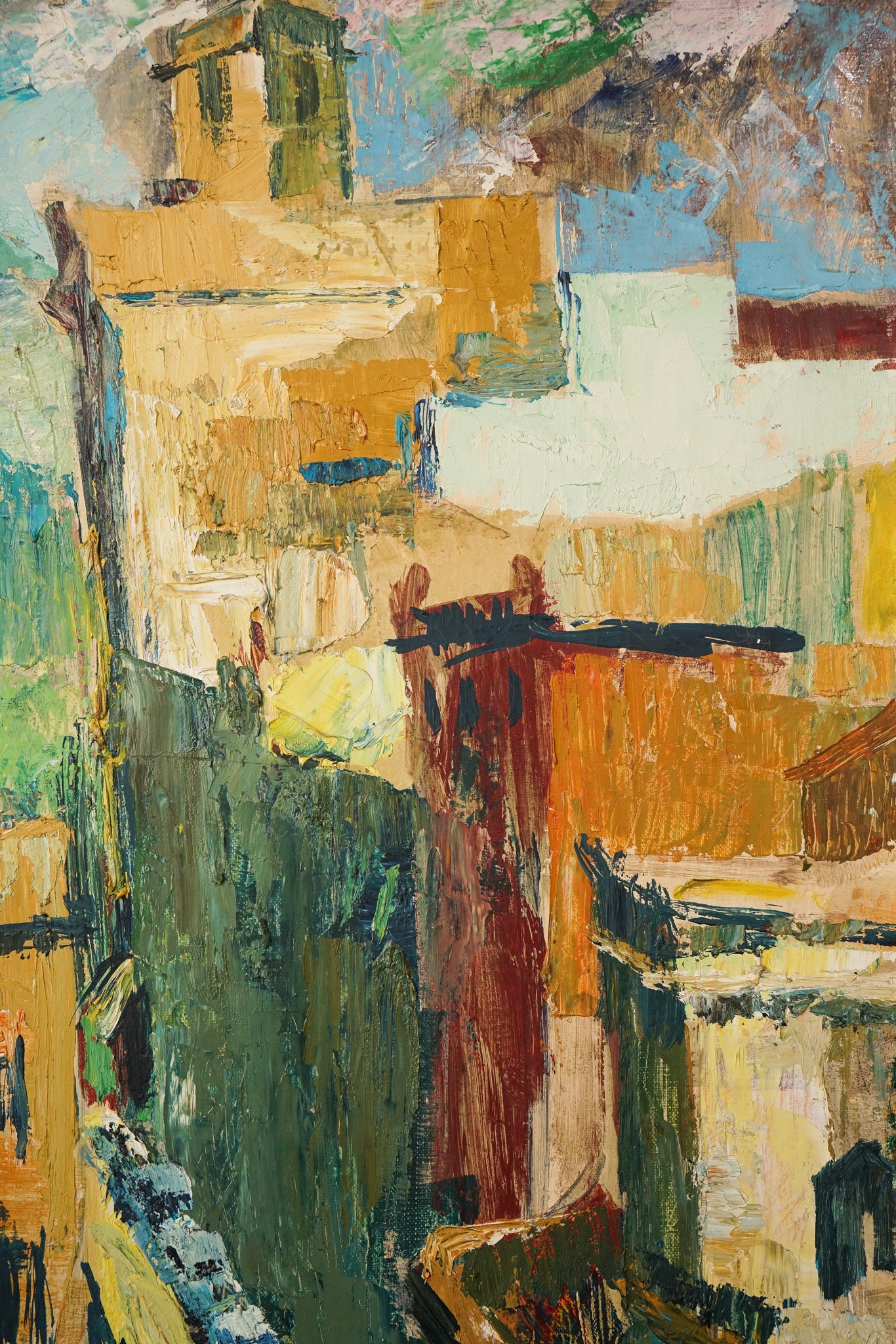 A painting of a city street with cars and buildings.