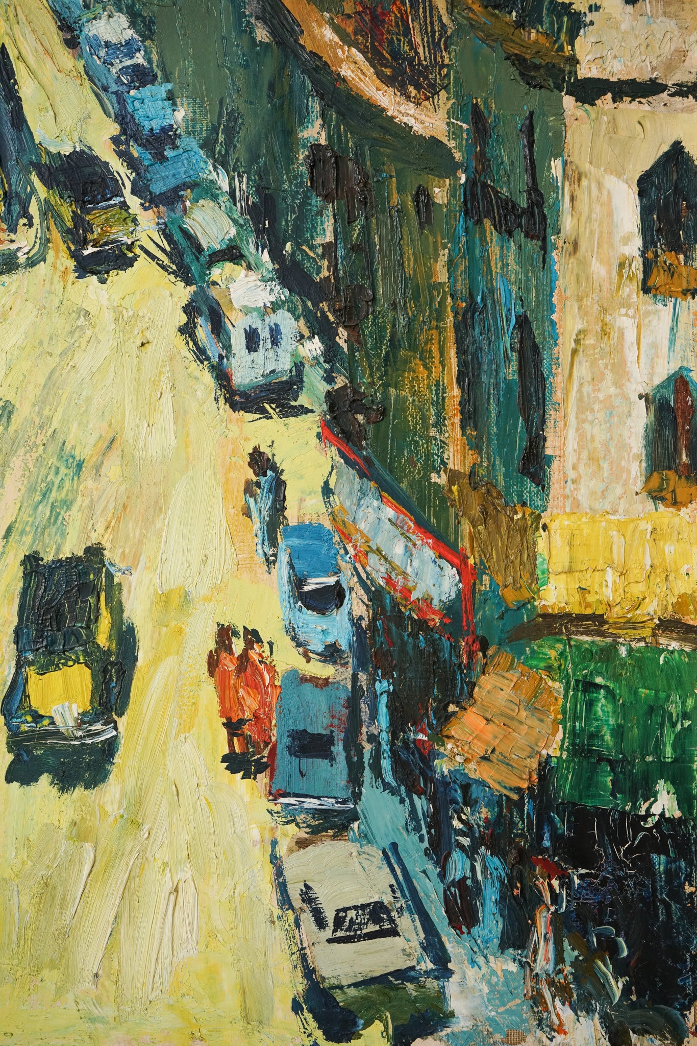 A painting of a city street with cars and buildings.