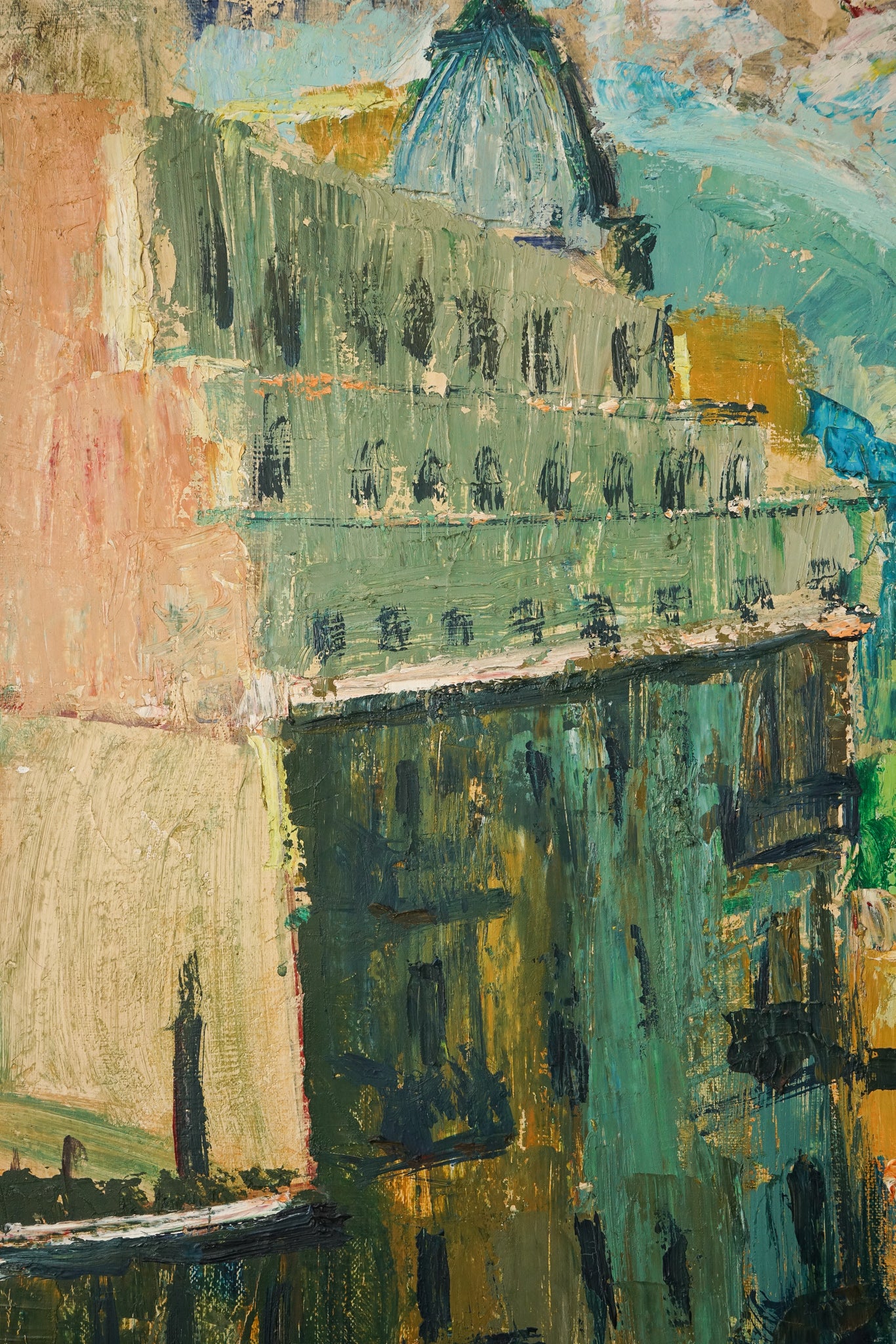 A painting of a city street with cars and buildings.