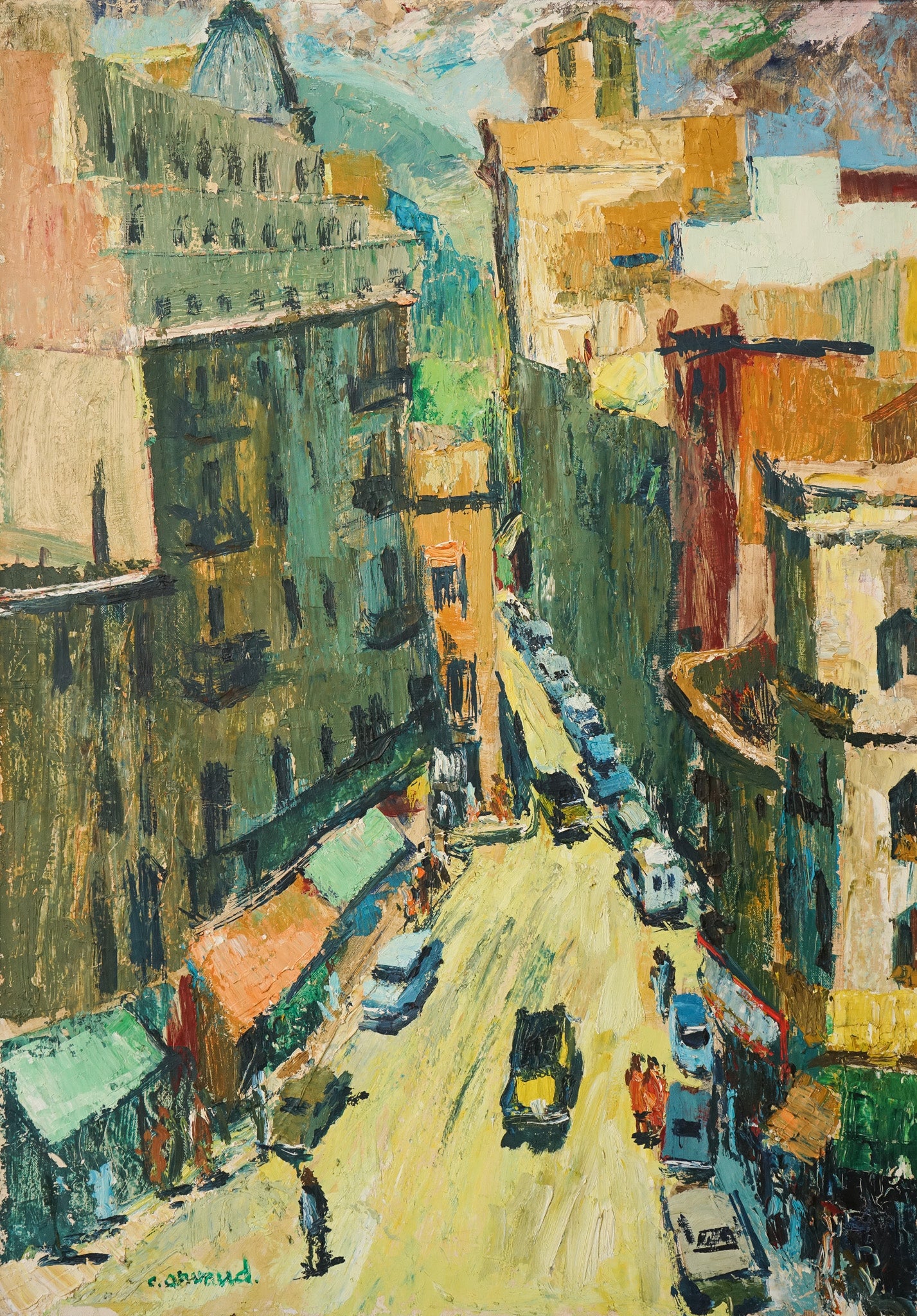 A painting of a city street with cars and buildings.