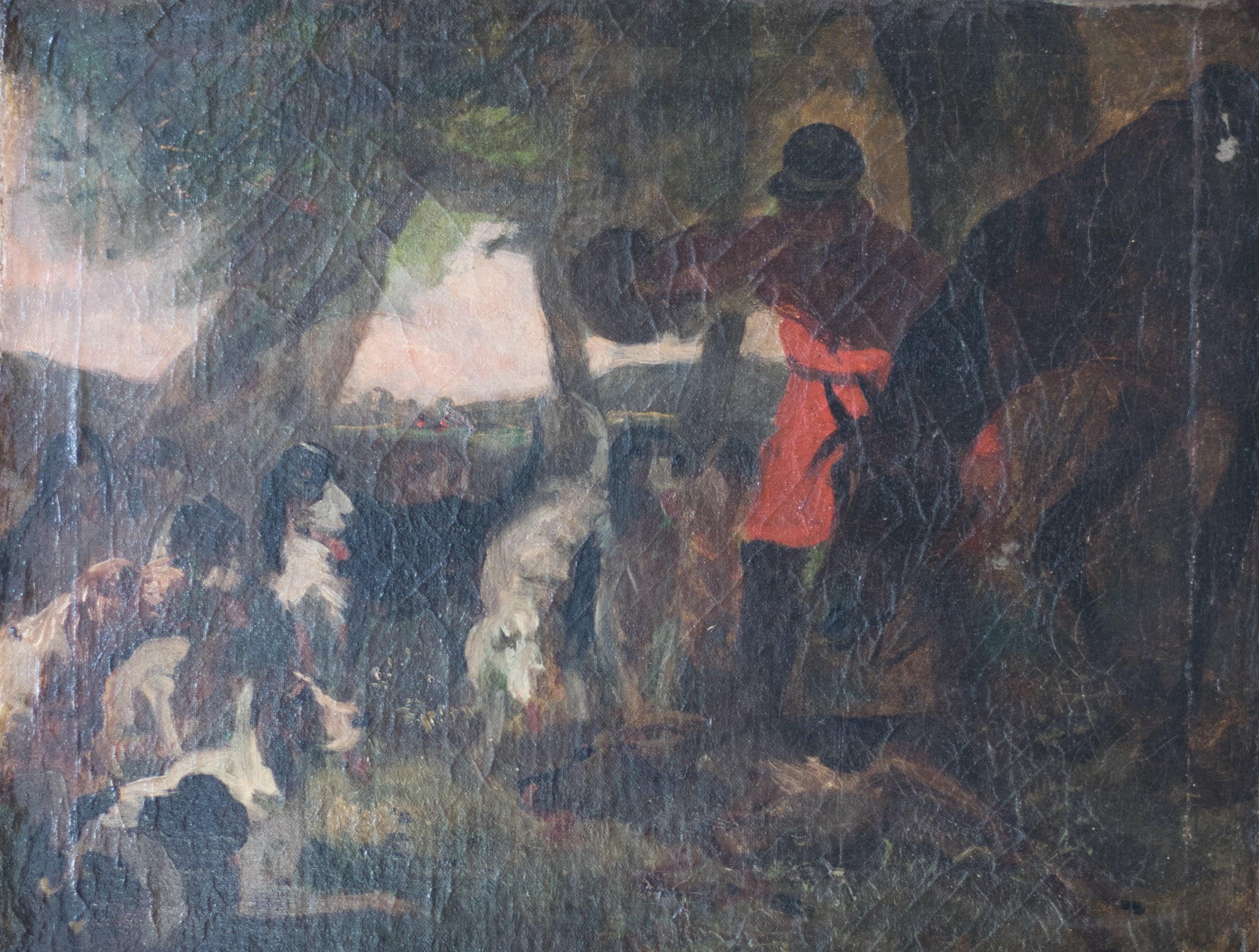 A painting of a man in a red coat and hat standing next to a group of people.