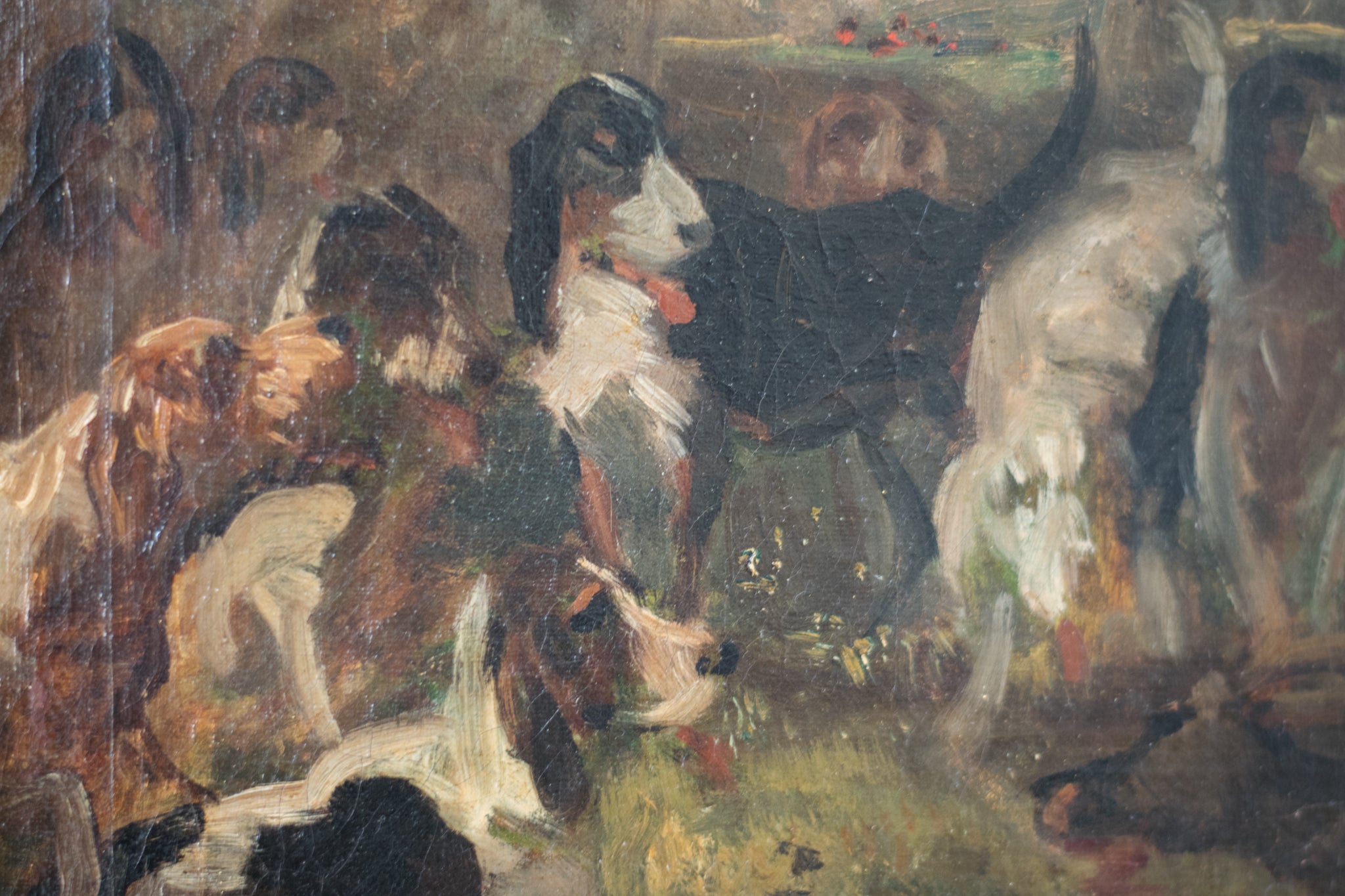 A painting of a man in a red coat and hat standing next to a group of people.