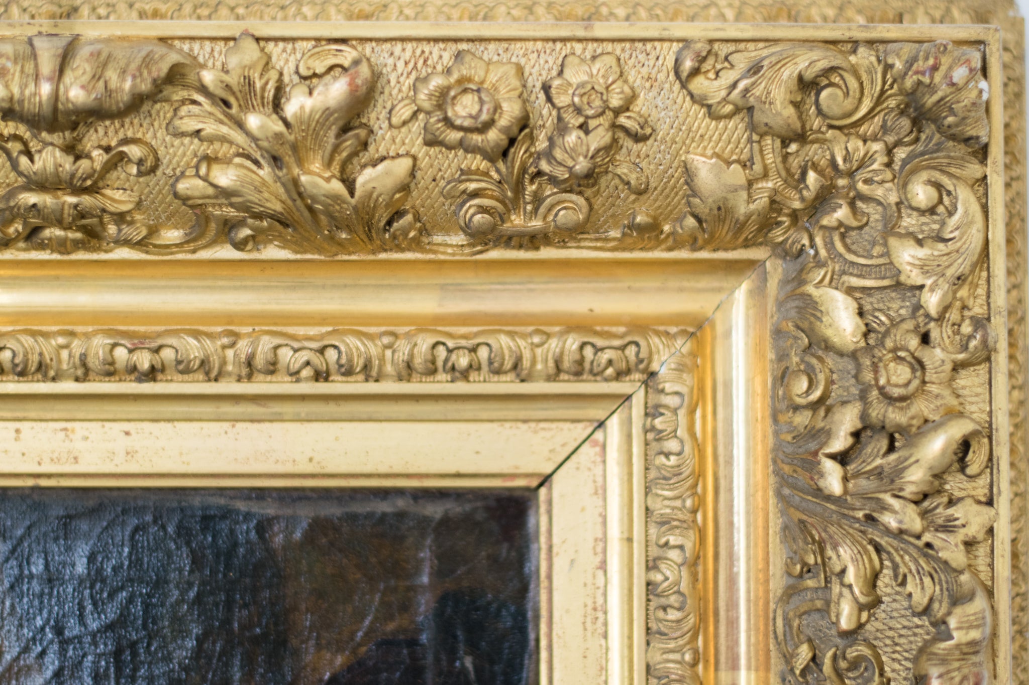 A painting of a man in a red coat and hat standing next to a group of people.