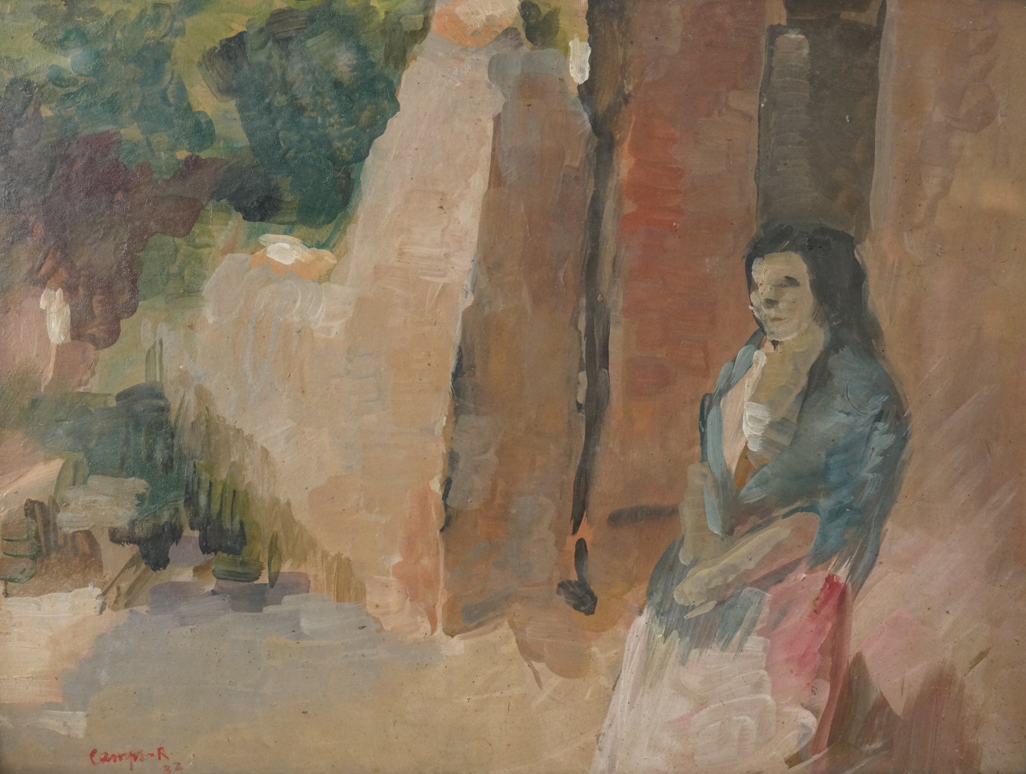 A painting of a woman sitting in front of a building.