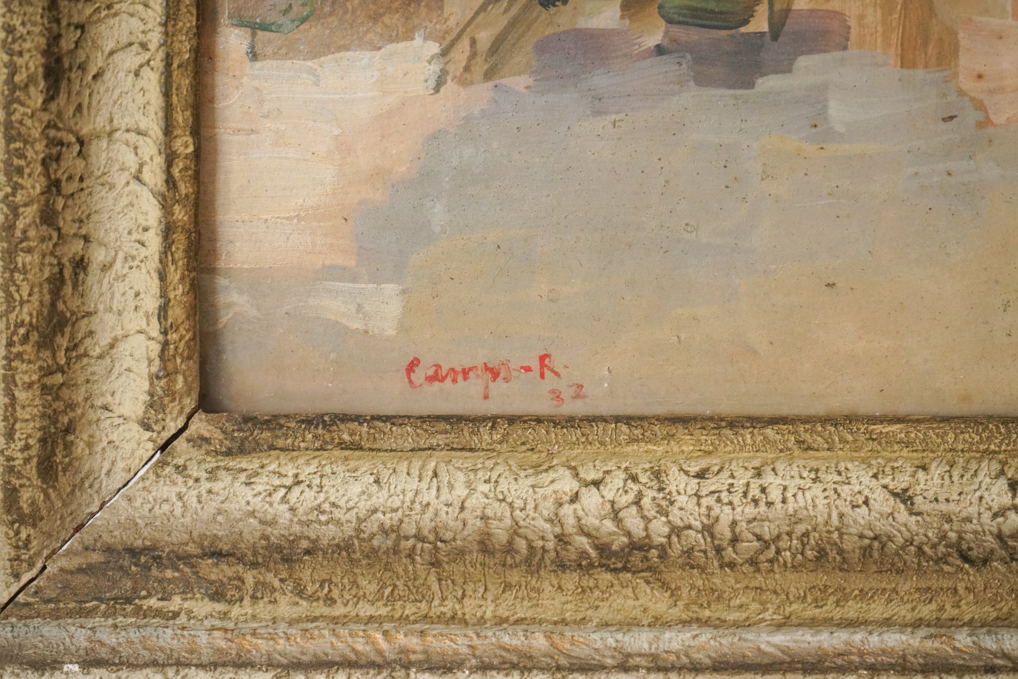 A painting of a woman sitting in front of a building.