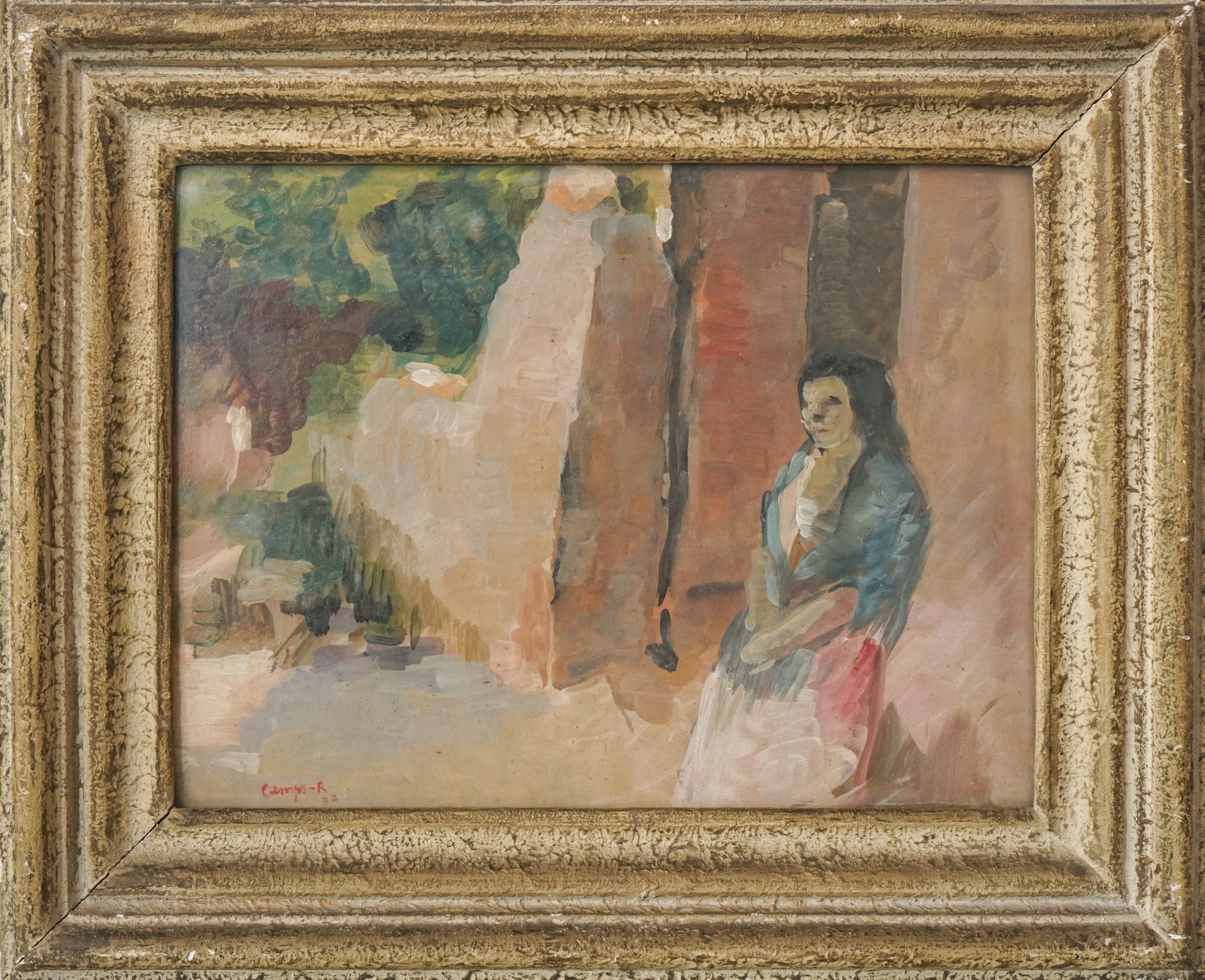 A painting of a woman sitting in front of a building.