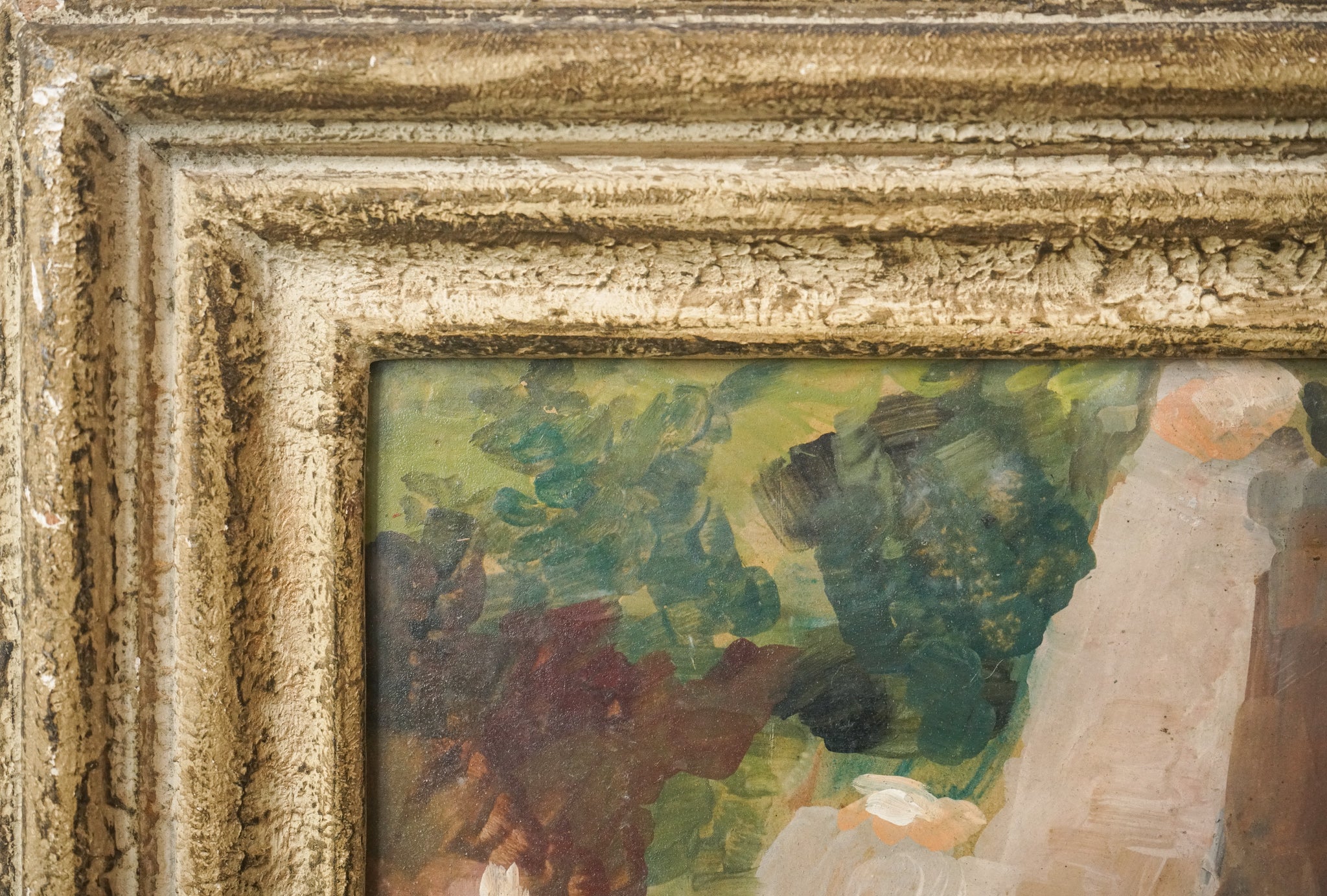 A painting of a woman sitting in front of a building.