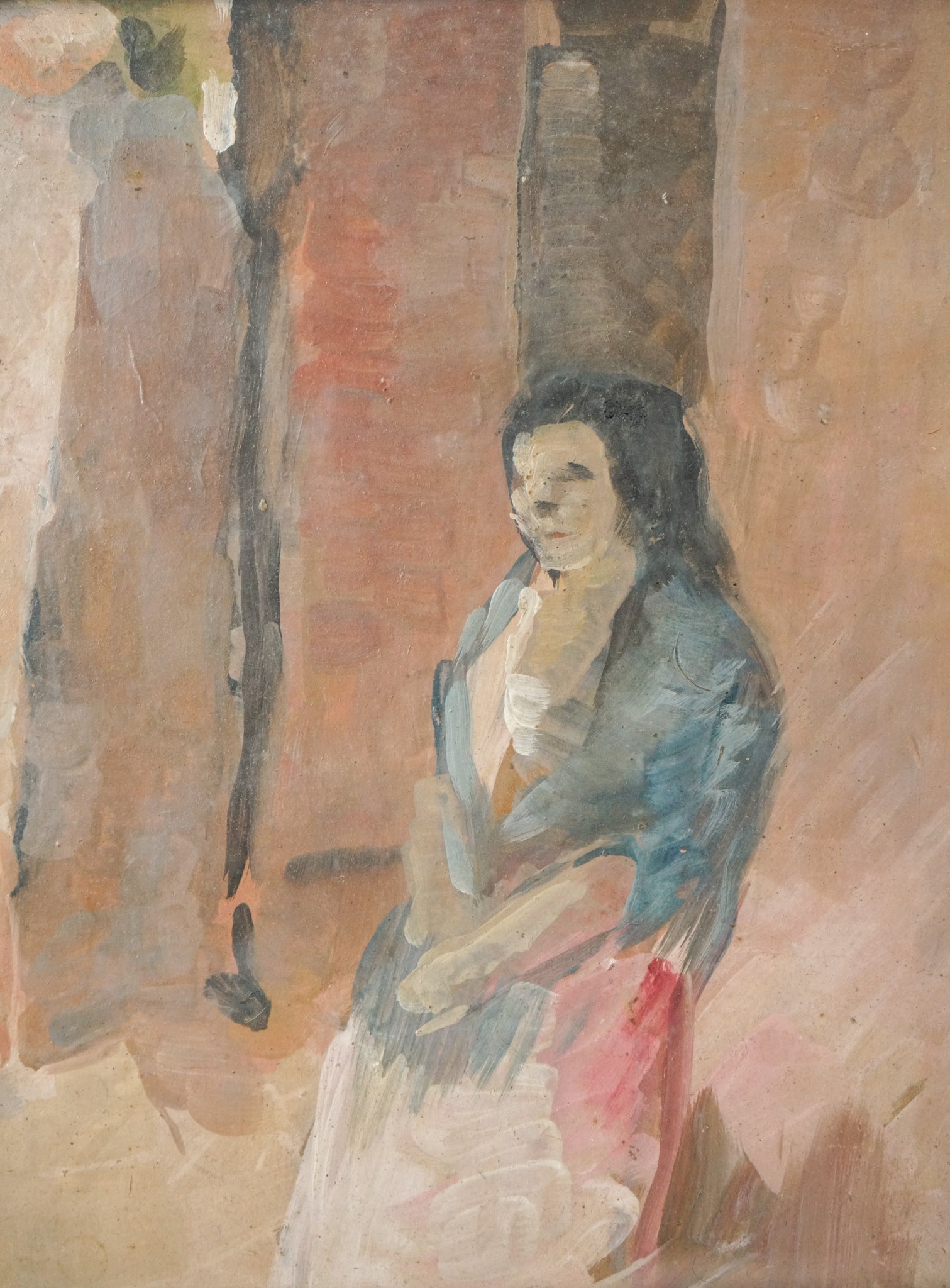 A painting of a woman sitting in front of a building.