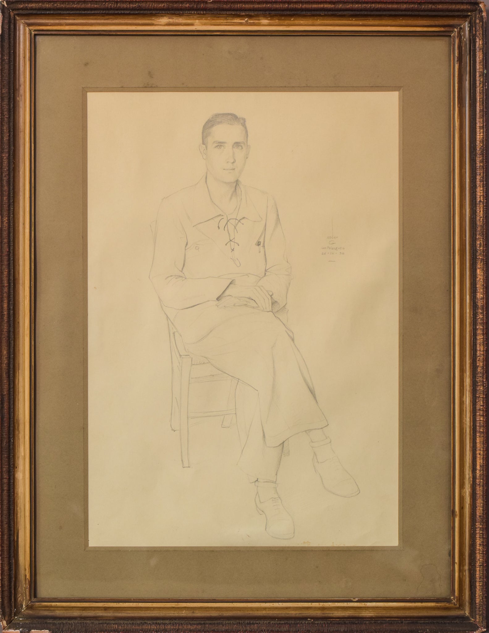 A drawing of a man sitting on a chair.