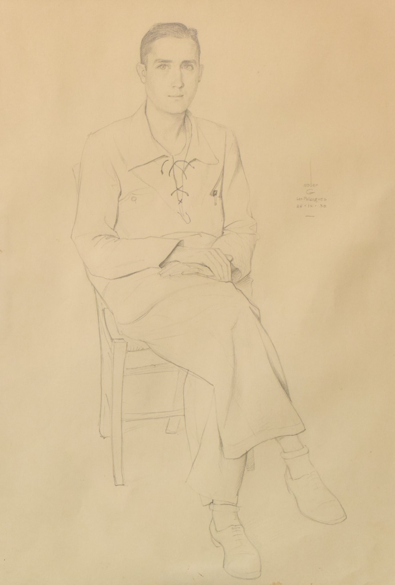 A drawing of a man sitting on a chair.