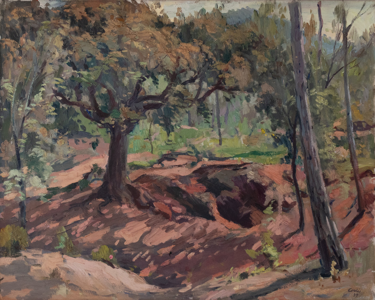 A painting of a dirt road in the woods. 
