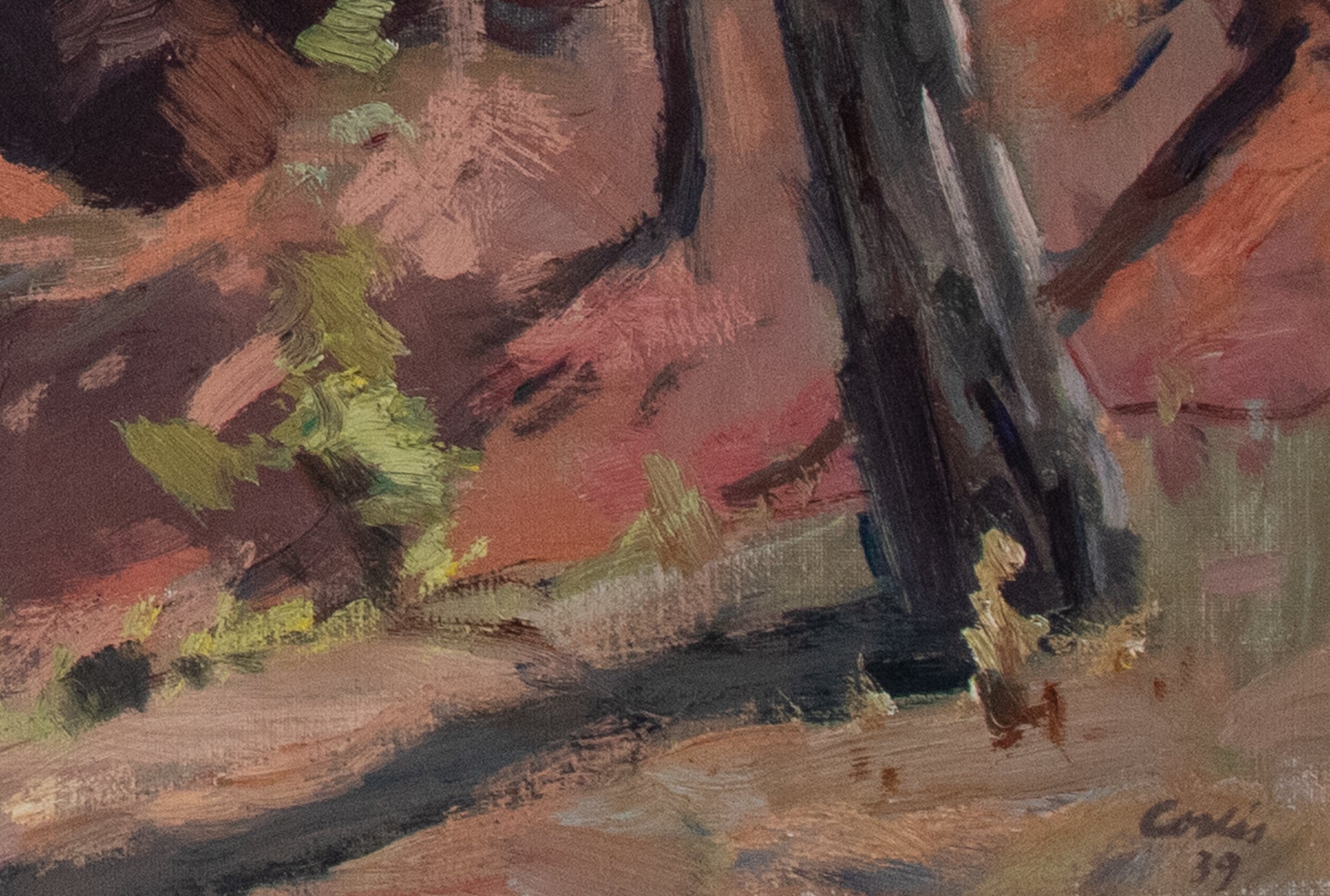 A painting of a dirt road in the woods. 