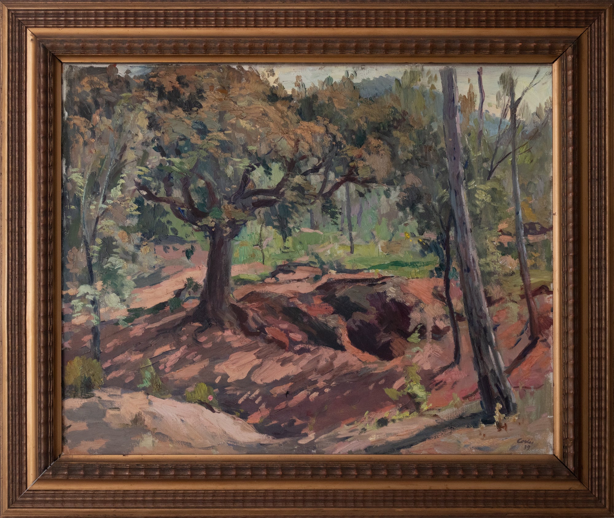 A painting of a dirt road in the woods. 