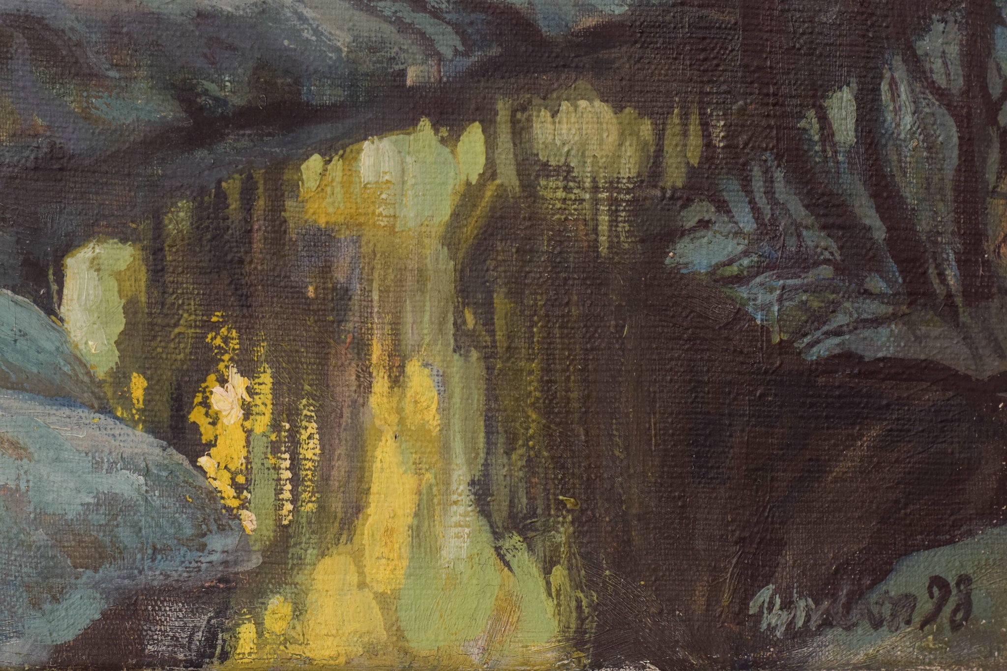 A painting of a river in the snow with a full moon in the background.