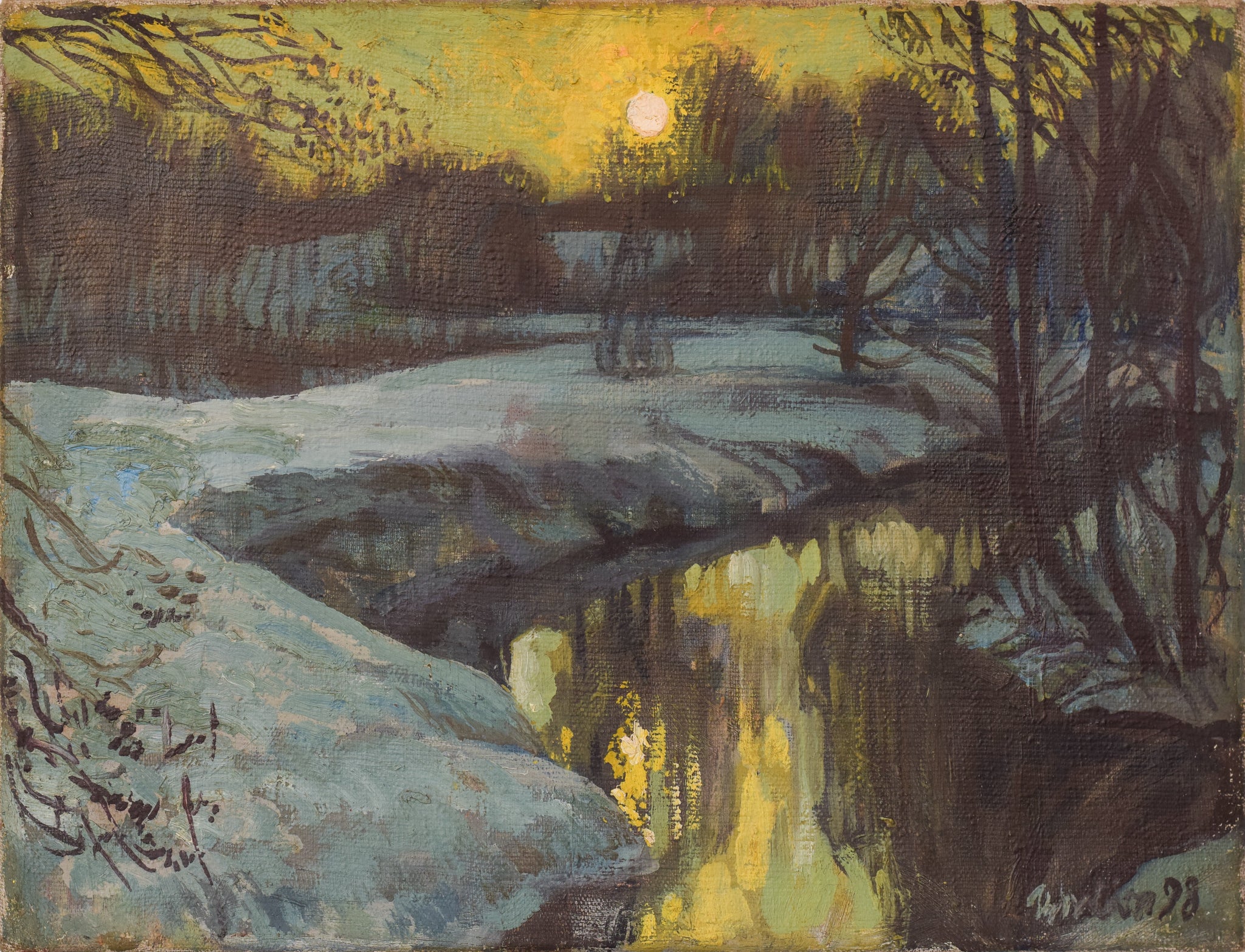 A painting of a river in the snow with a full moon in the background.