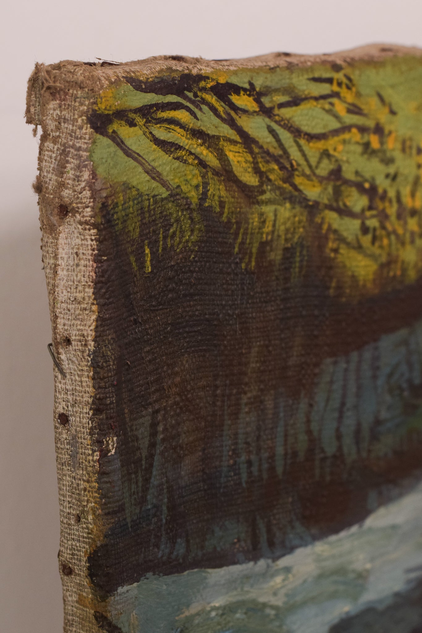 A painting of a river in the snow with a full moon in the background.