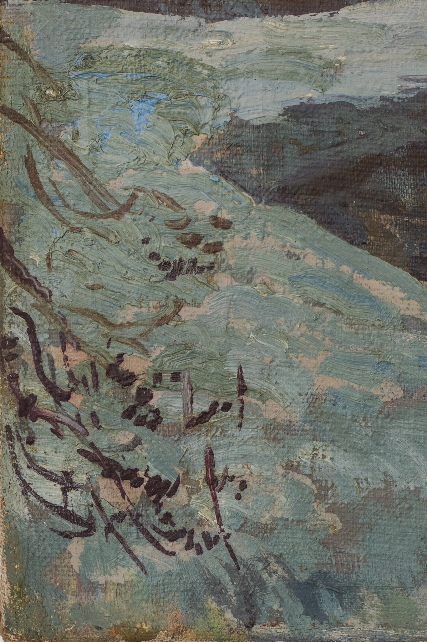 A painting of a river in the snow with a full moon in the background.