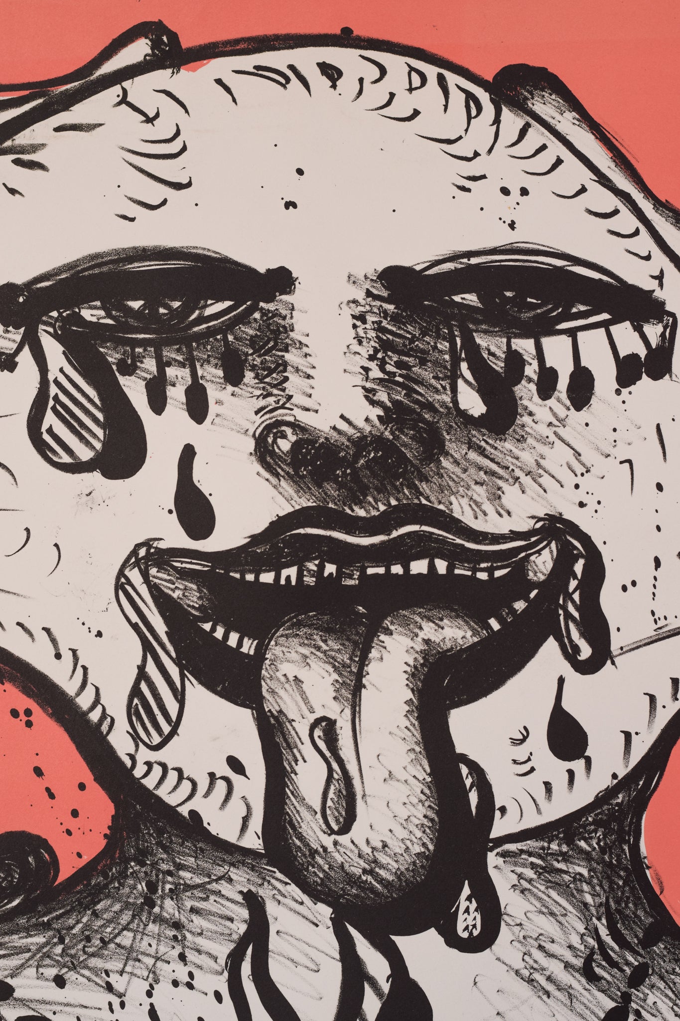 A black and white drawing of a man with his tongue sticking out.