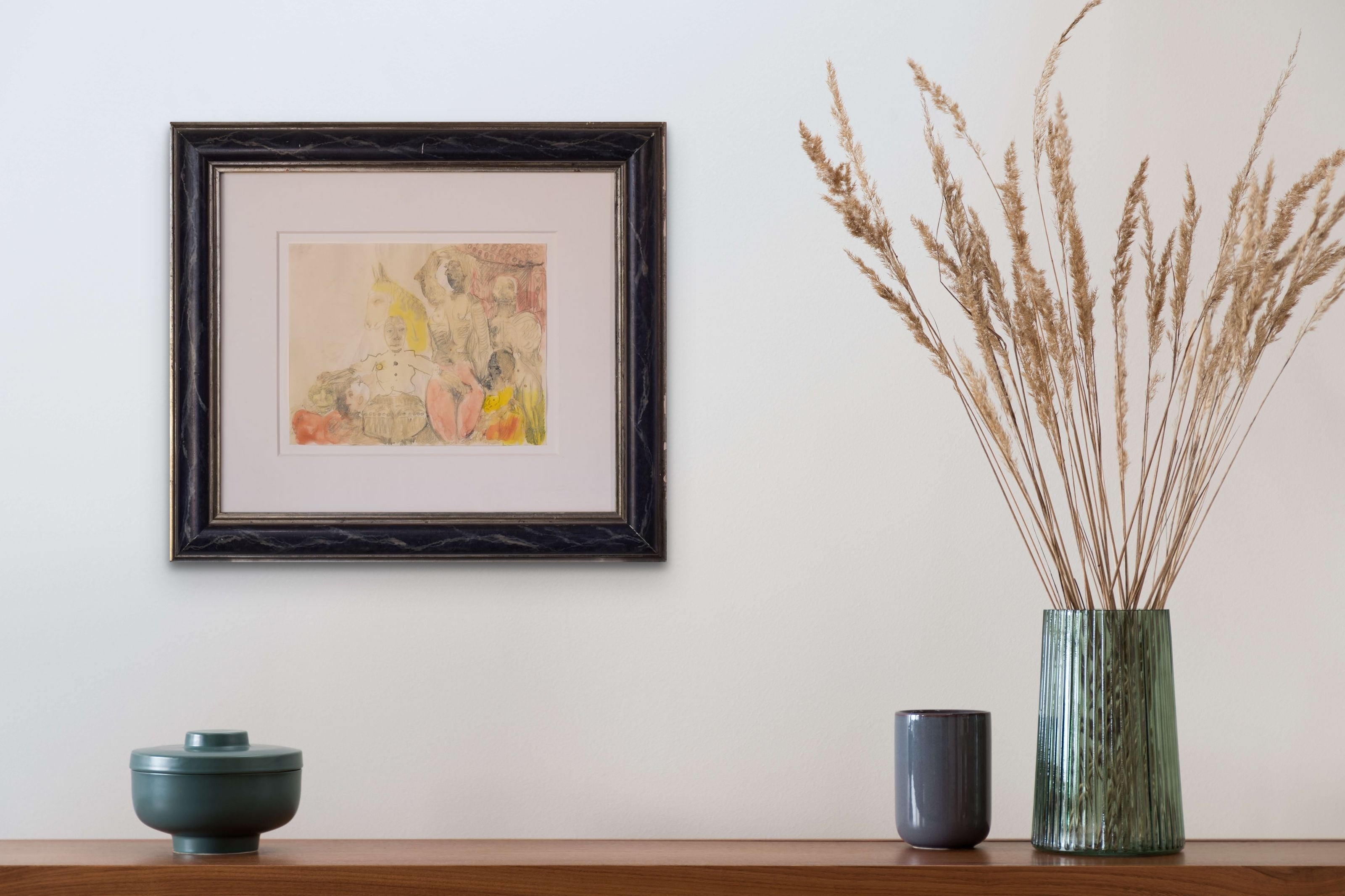 A drawing of a group of people sitting on a couch.