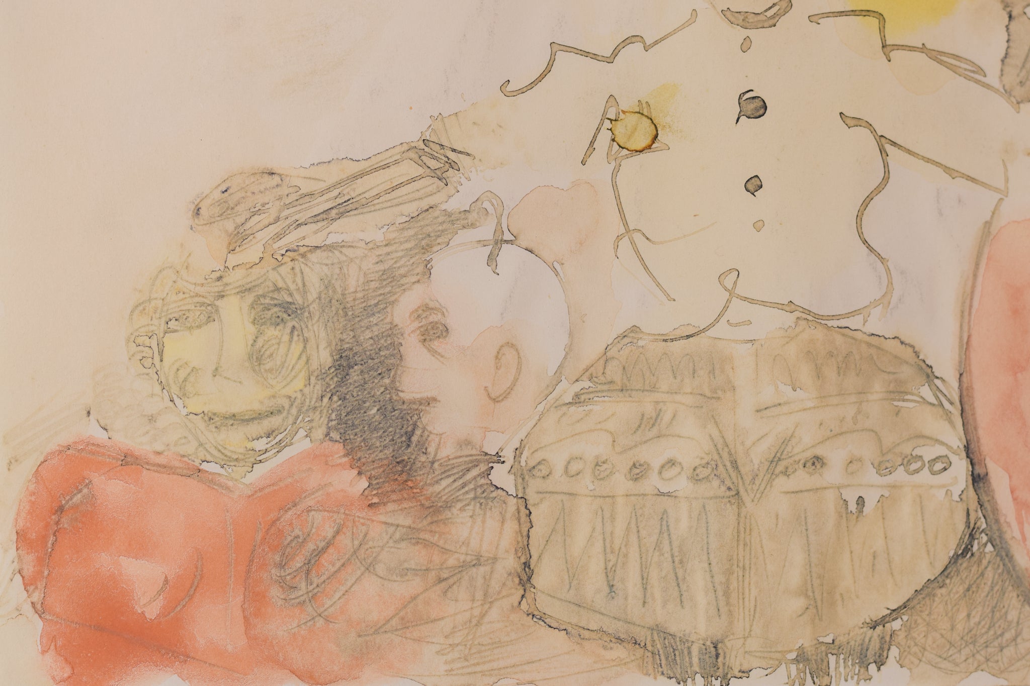 A drawing of a group of people sitting on a couch.