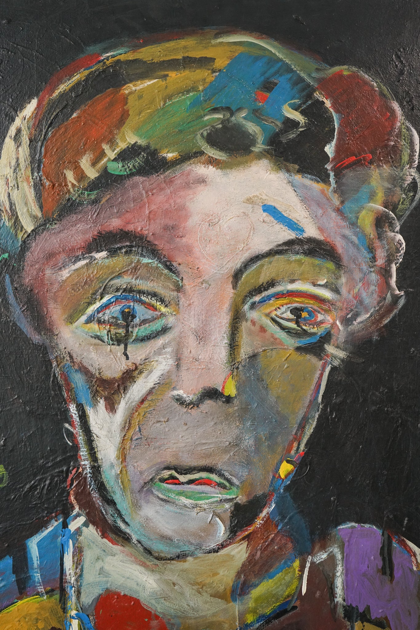 A painting of a woman's face on a black background.