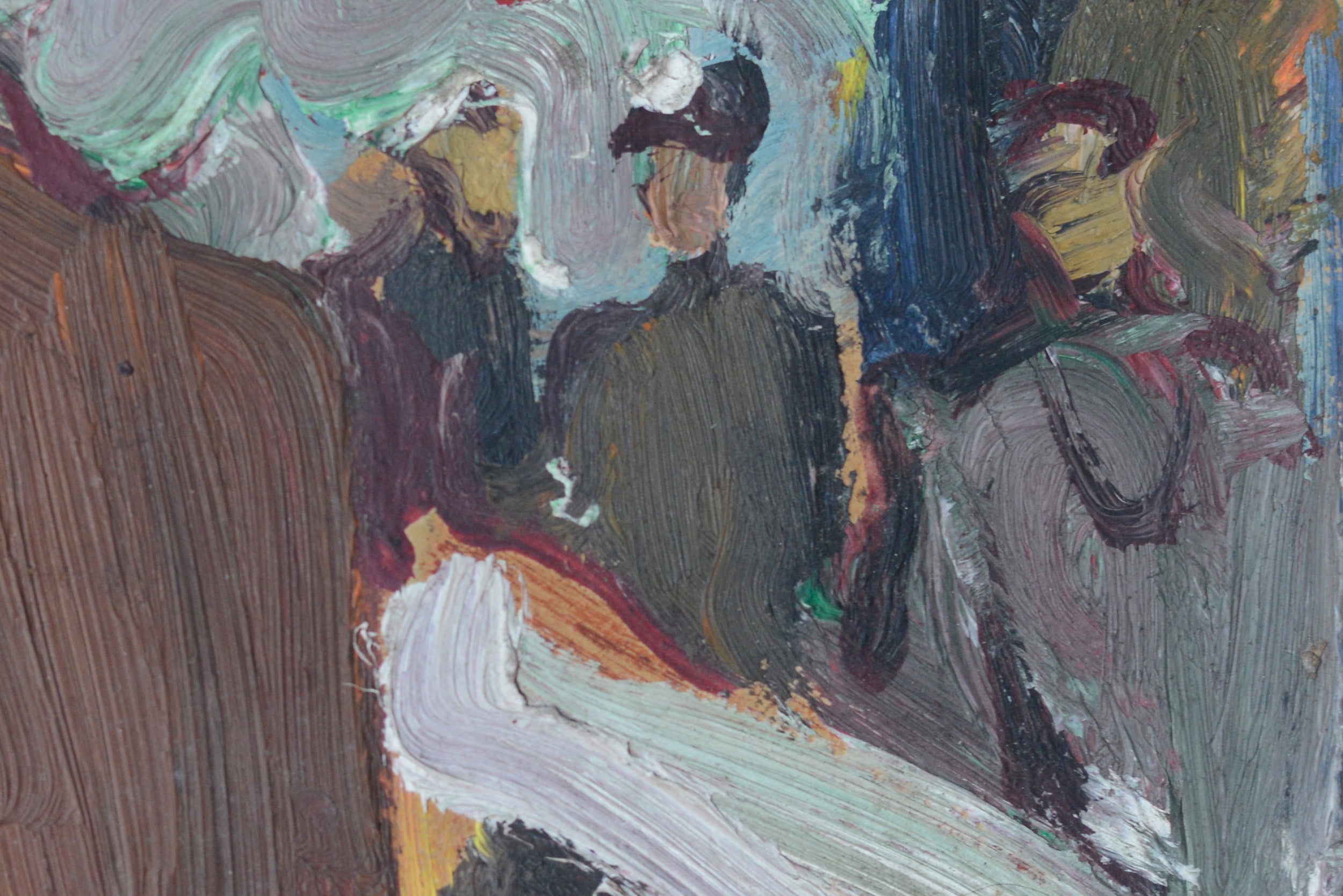 A painting of a woman in a pink dress sitting at a table.