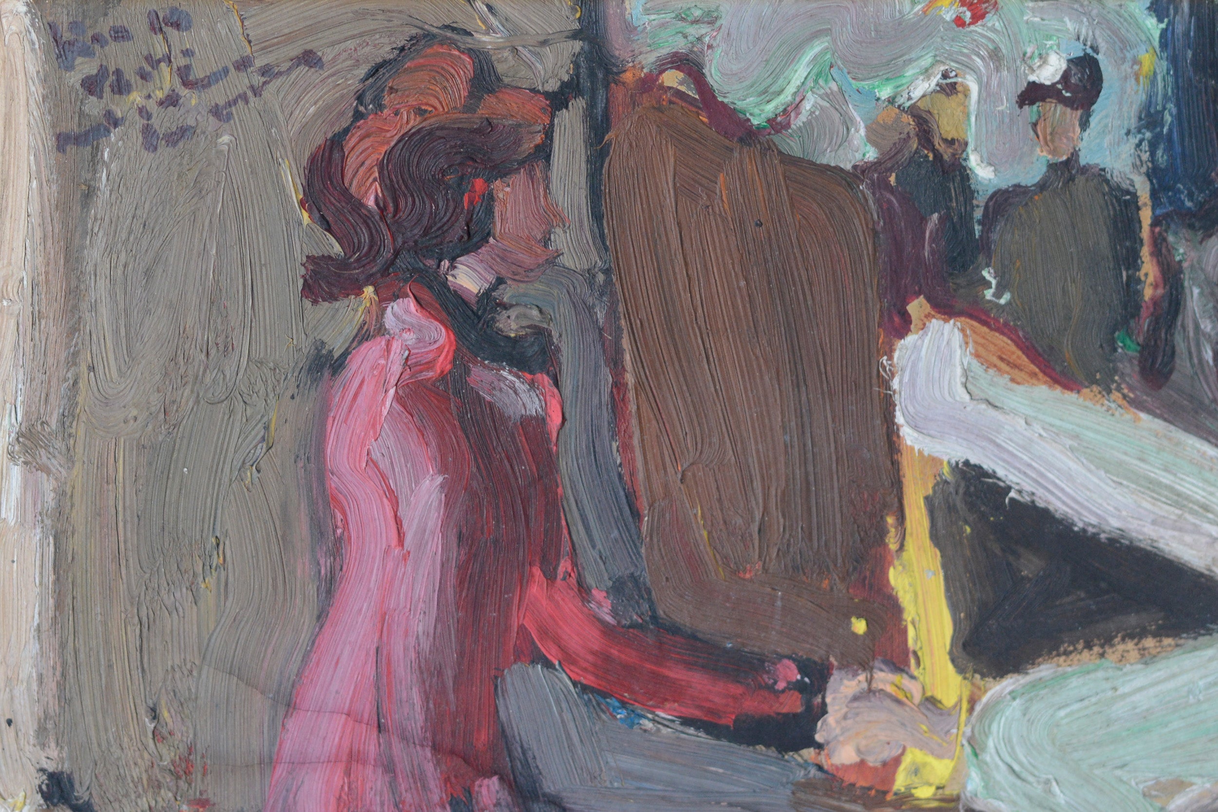 A painting of a woman in a pink dress sitting at a table.