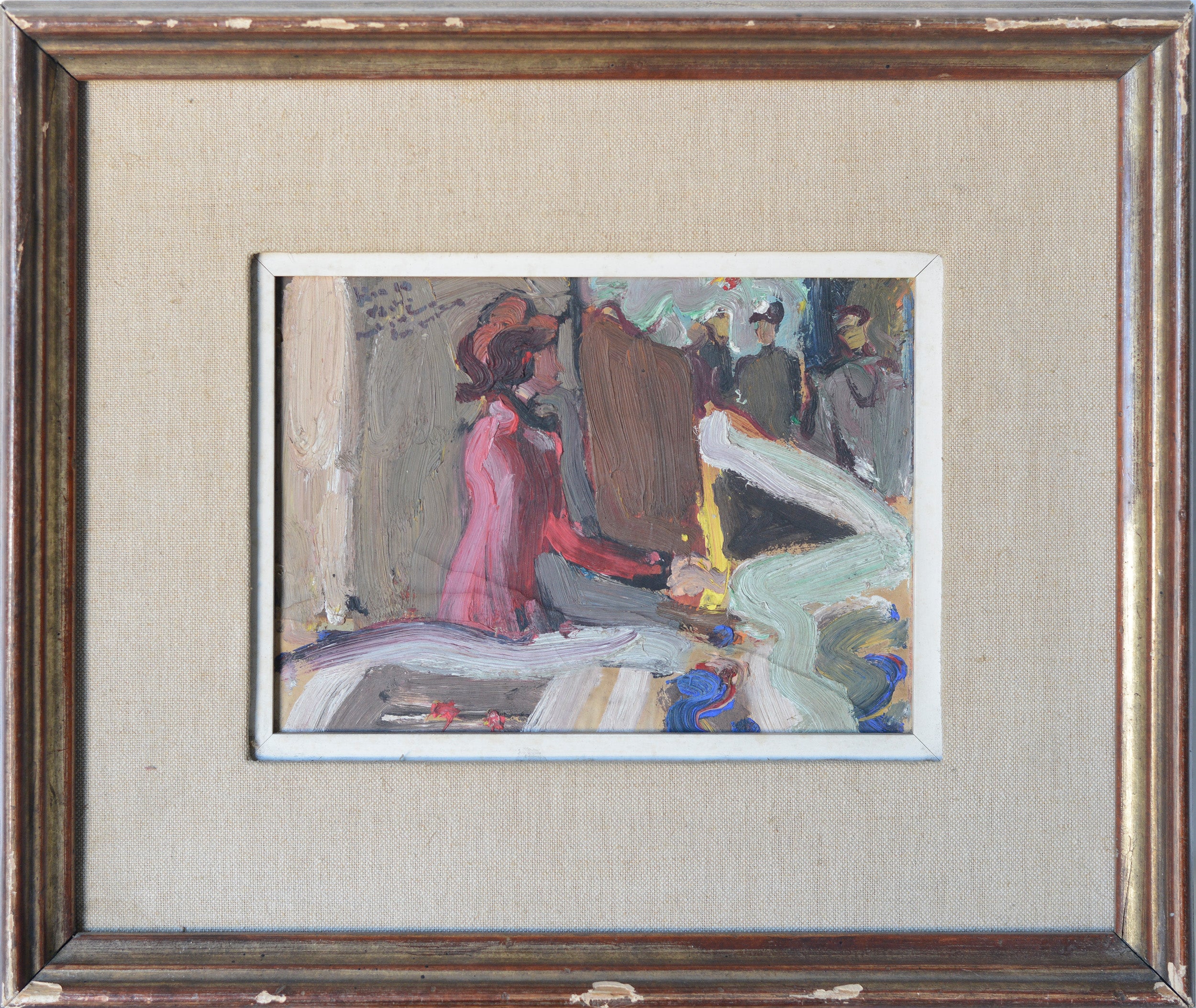 A painting of a woman in a pink dress sitting at a table.