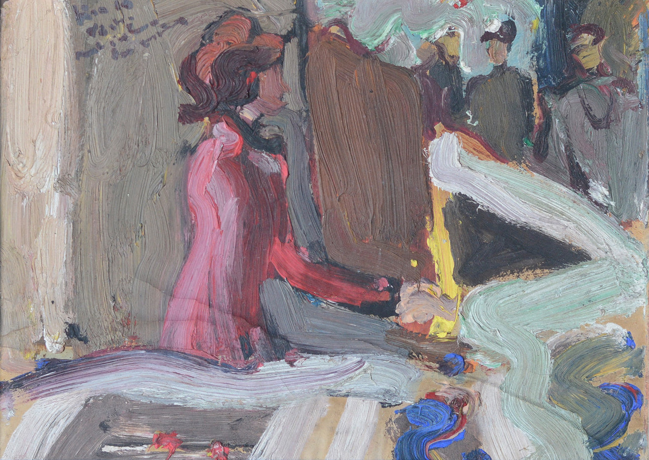 A painting of a woman in a pink dress sitting at a table.