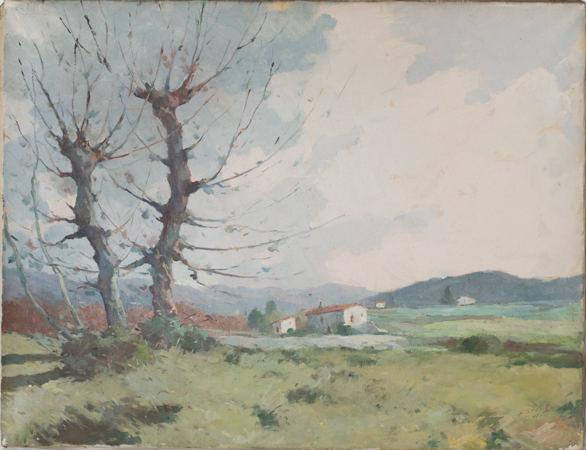 A painting of a landscape with trees in the foreground.