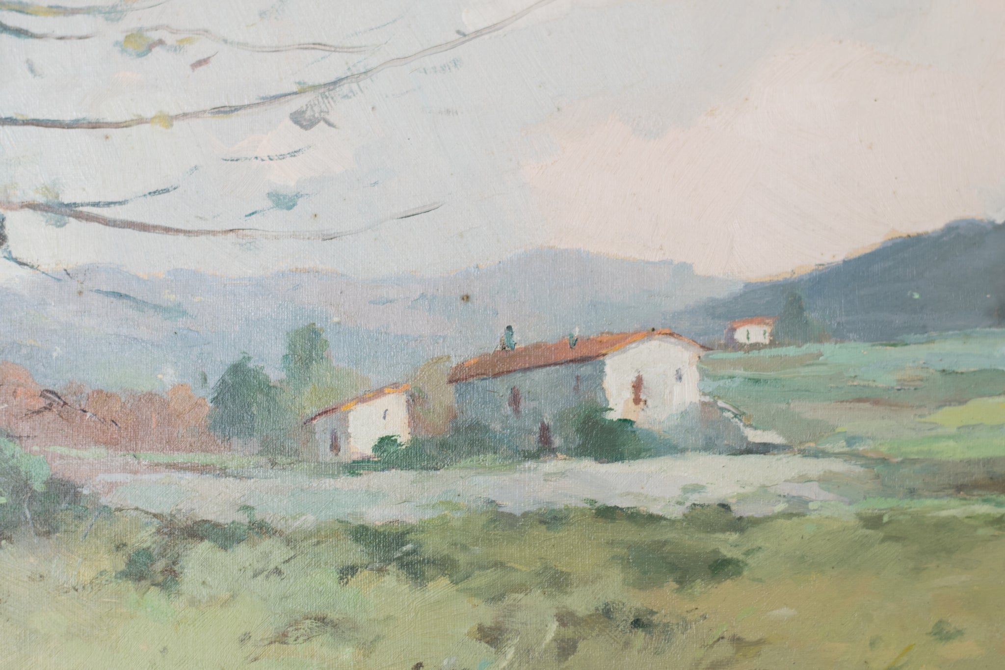 A painting of a landscape with trees in the foreground.