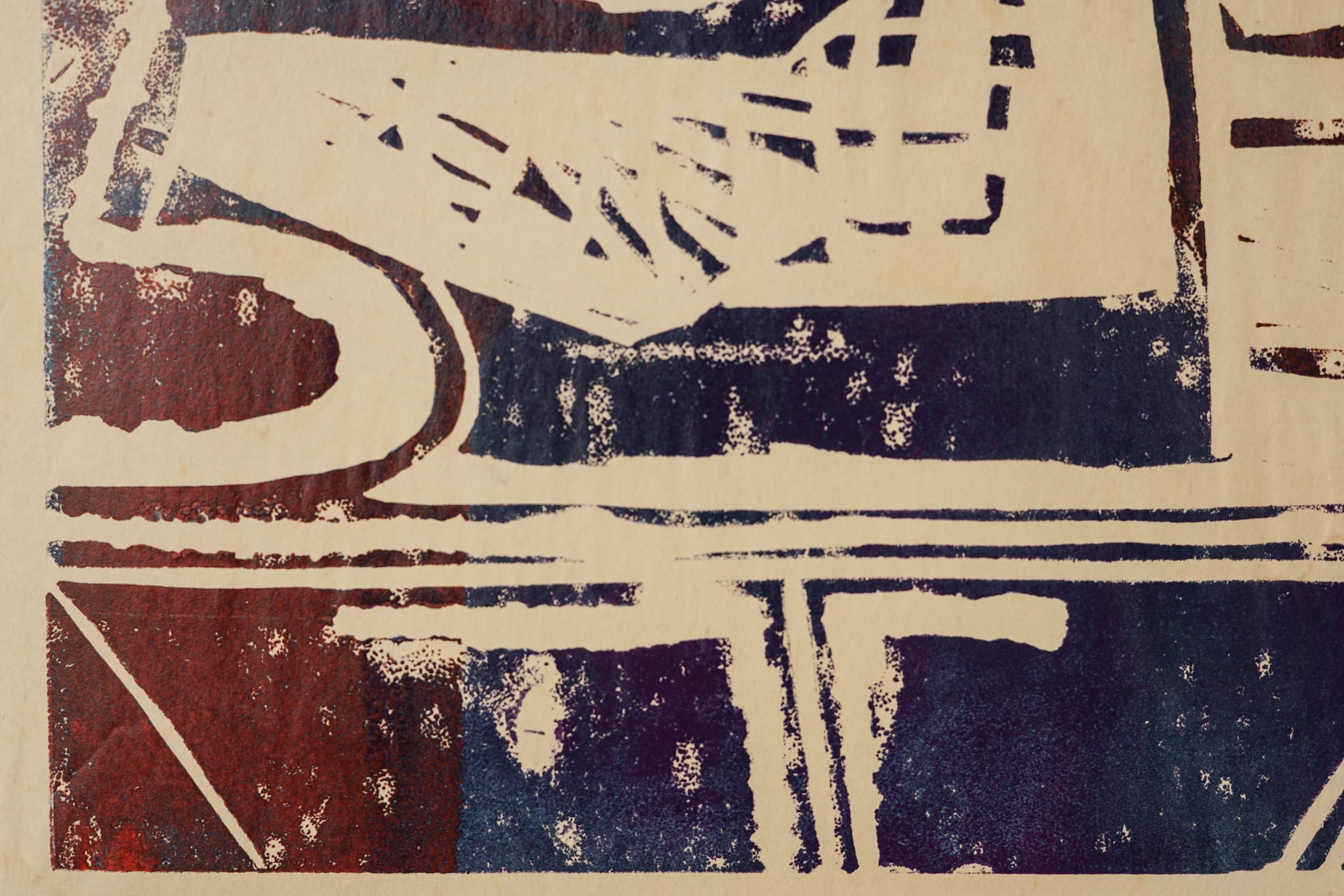 A painting of a green and red design on a black background.