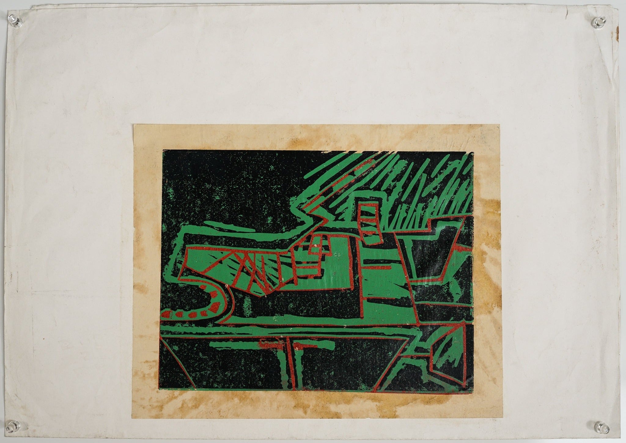 A painting of a green and red design on a black background.