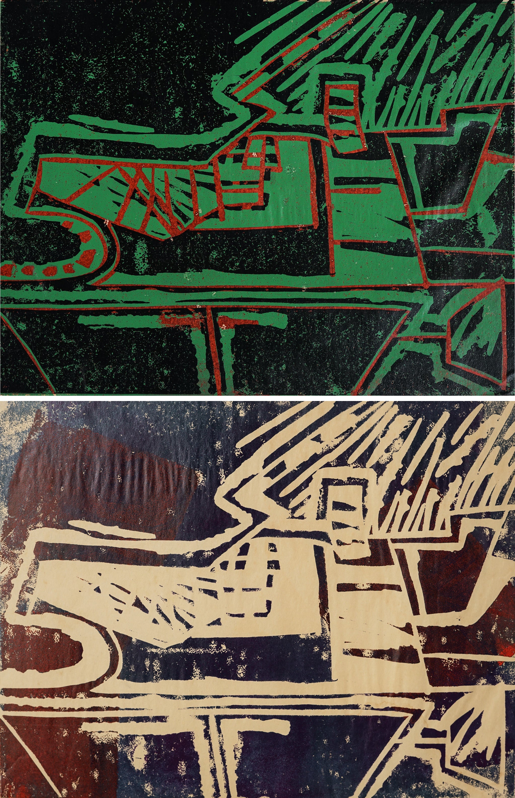 A painting of a green and red design on a black background.