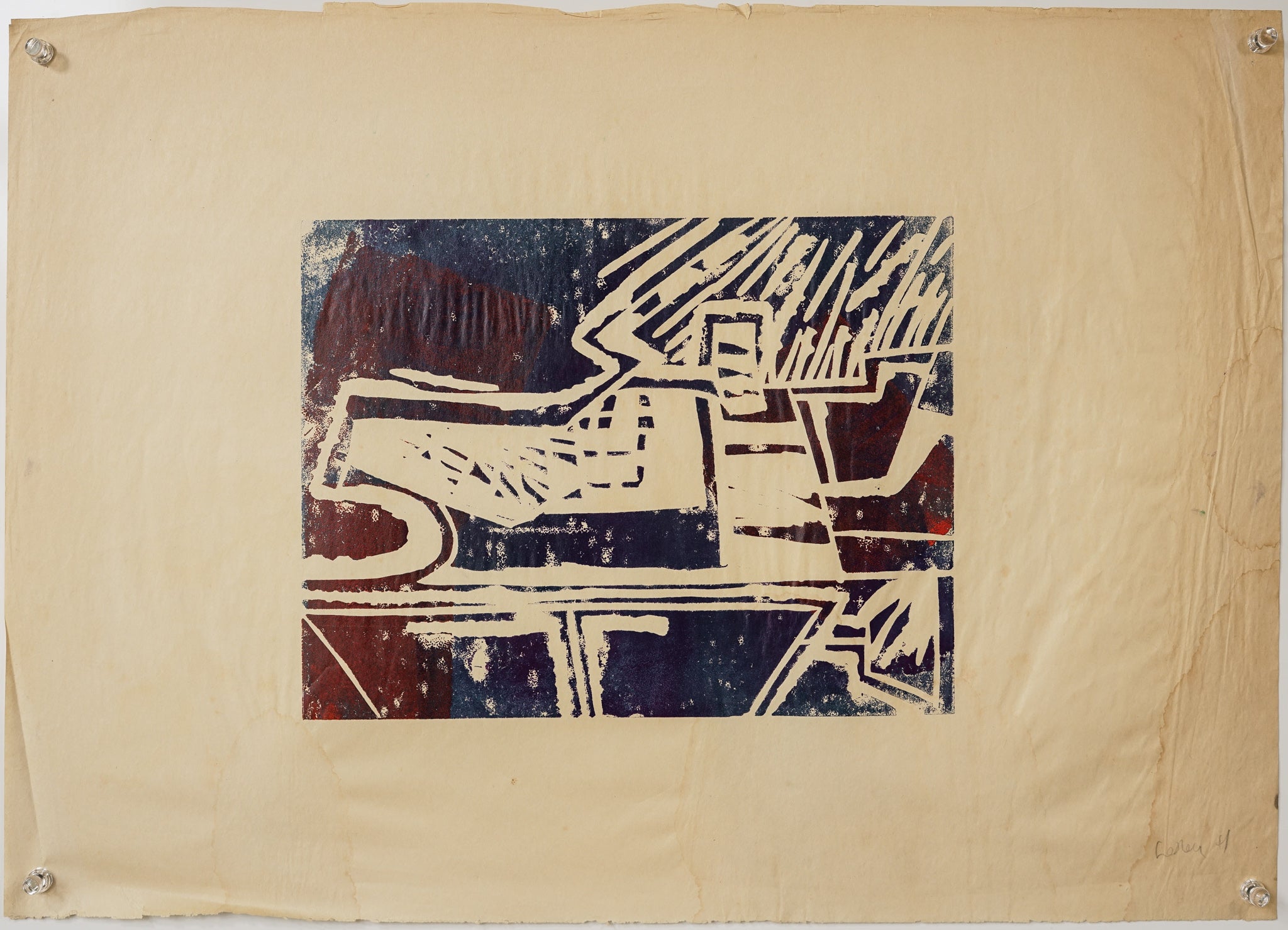 A painting of a green and red design on a black background.