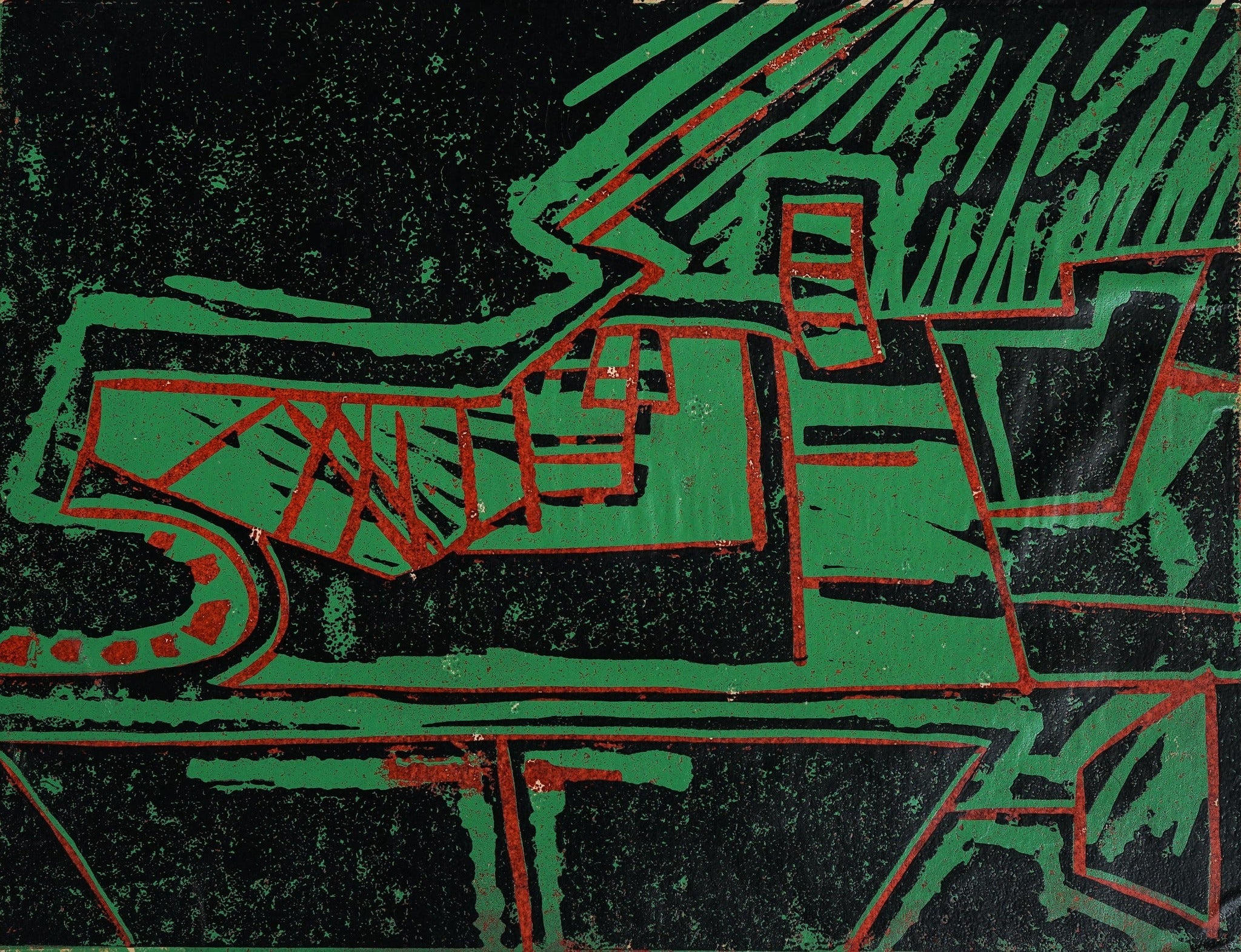 A painting of a green and red design on a black background.