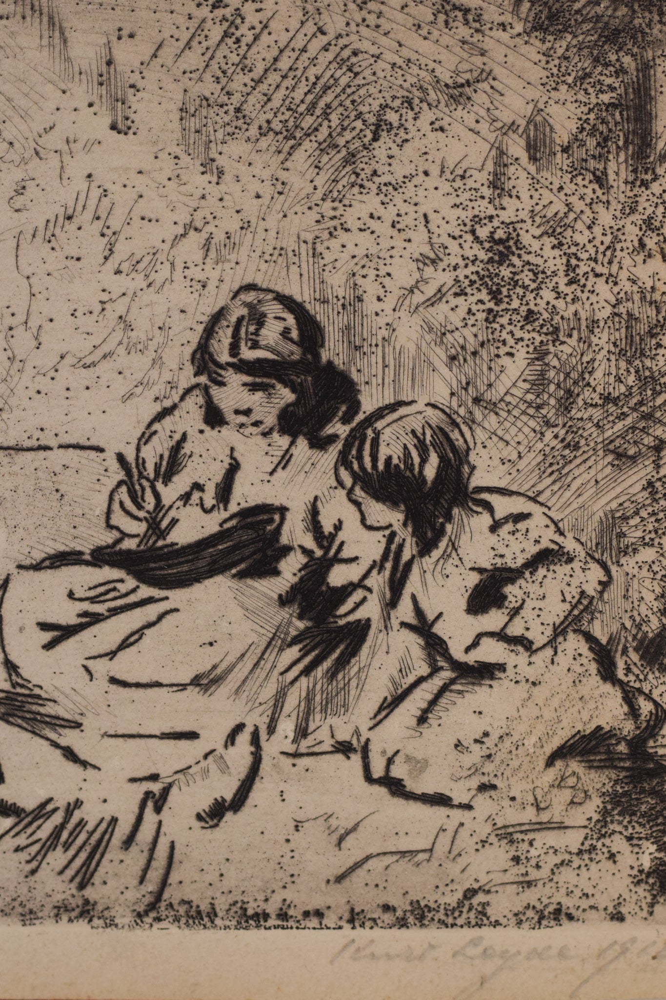 A black and white drawing of a group of people sitting on the ground.