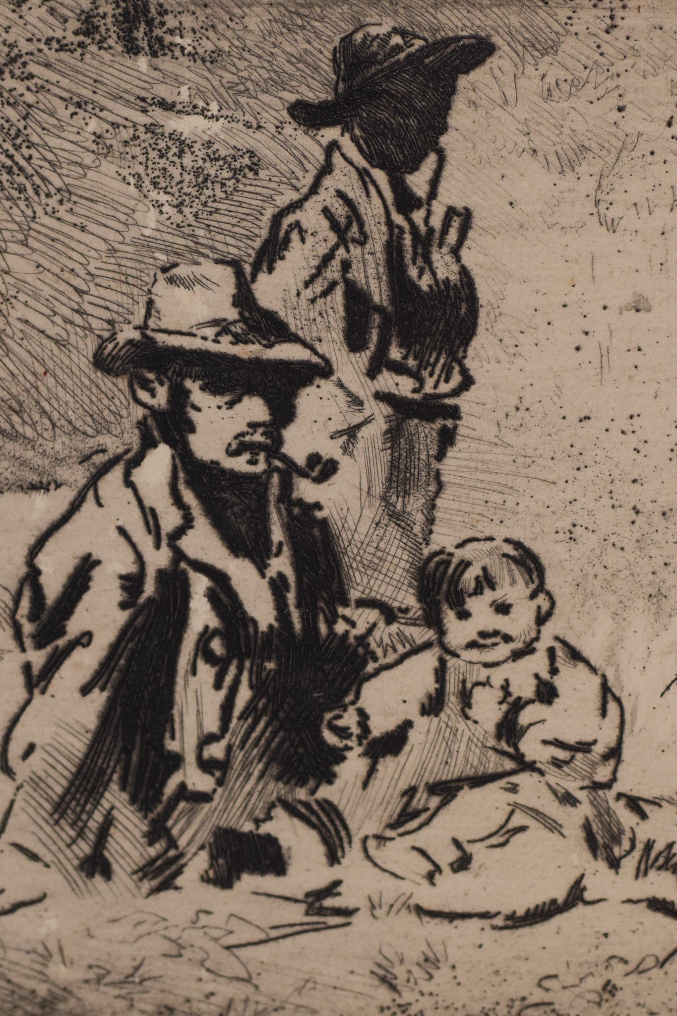 A black and white drawing of a group of people sitting on the ground.