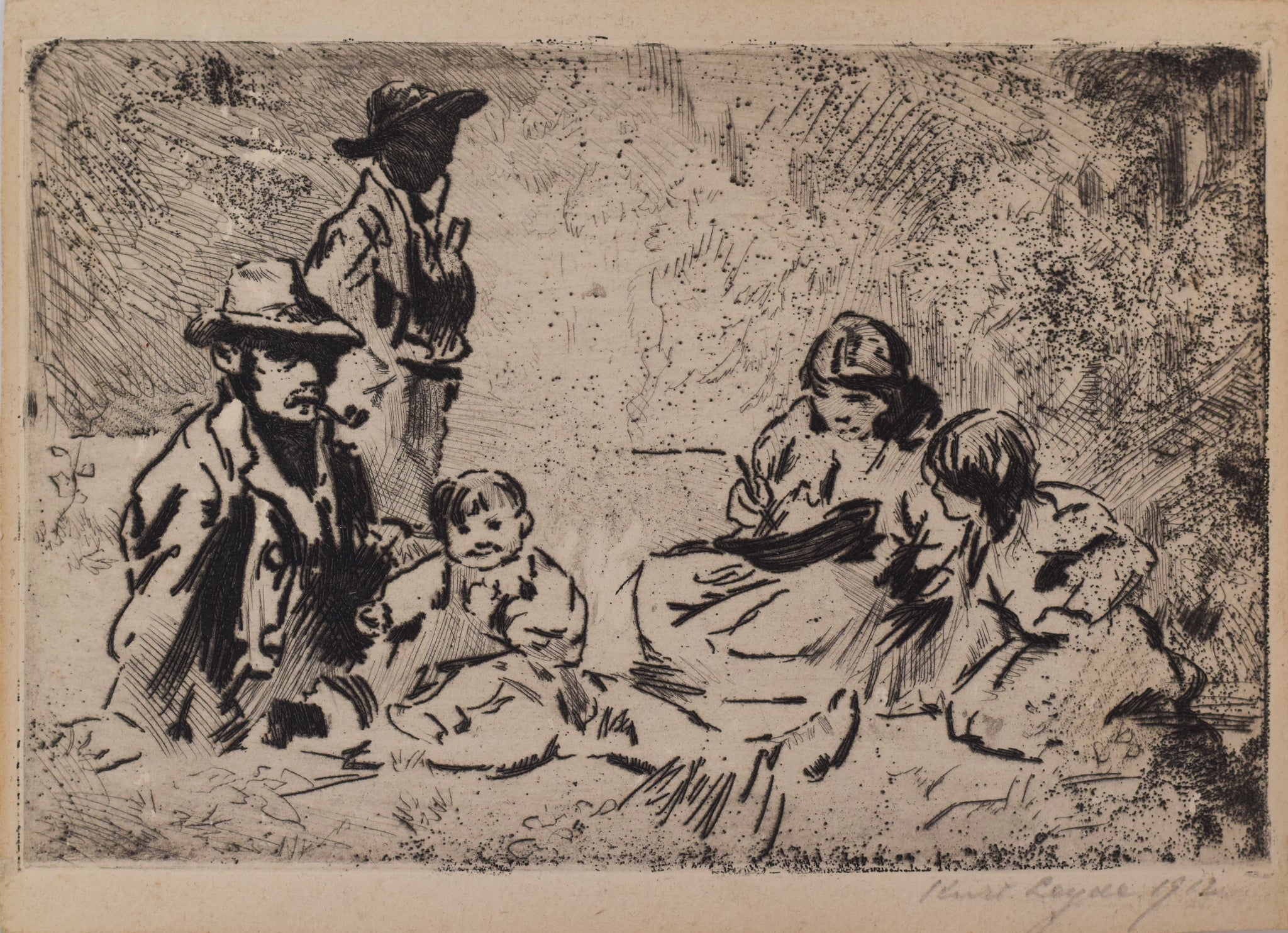 A black and white drawing of a group of people sitting on the ground.