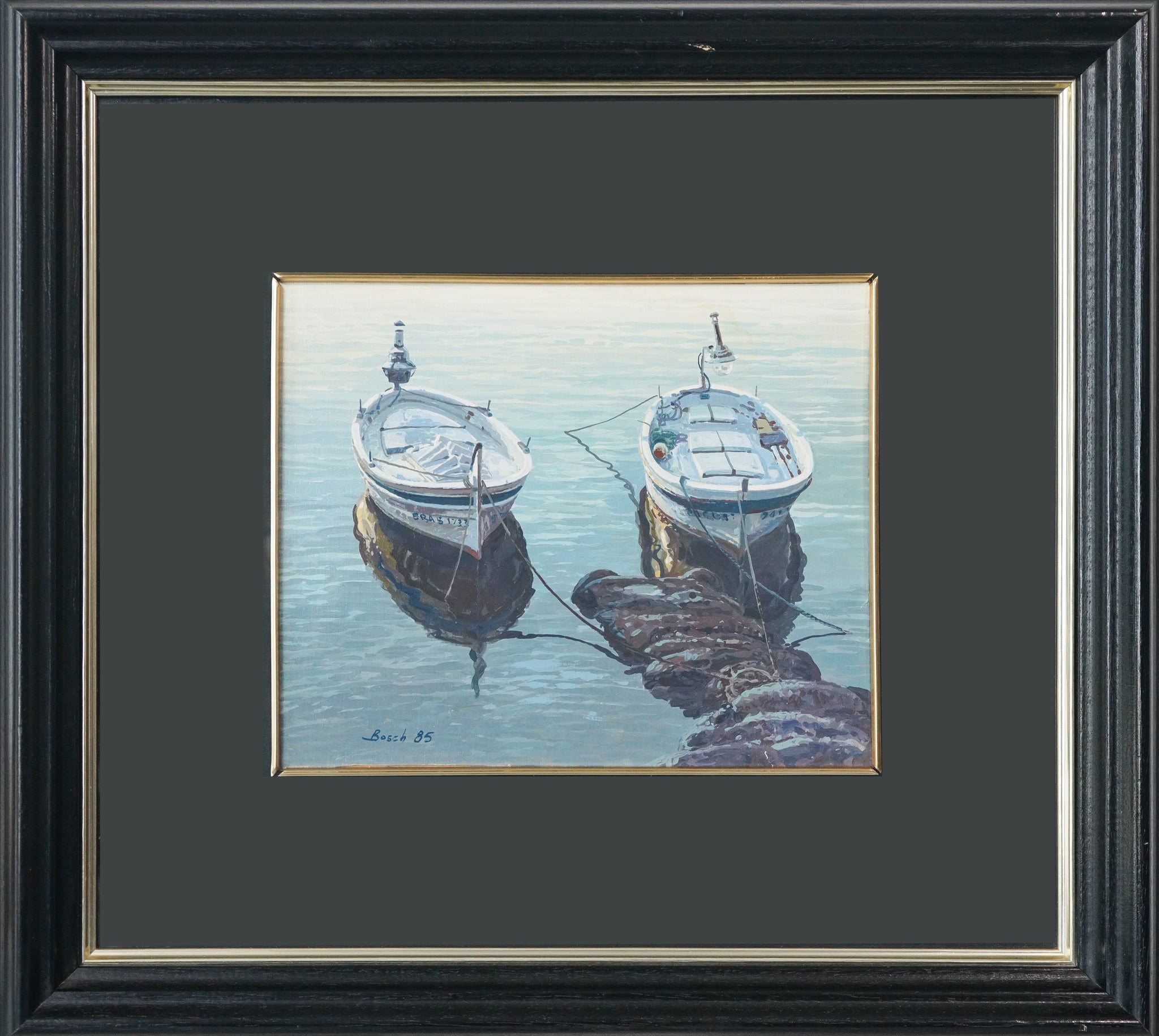 Two paintings of boats tied up to a dock.