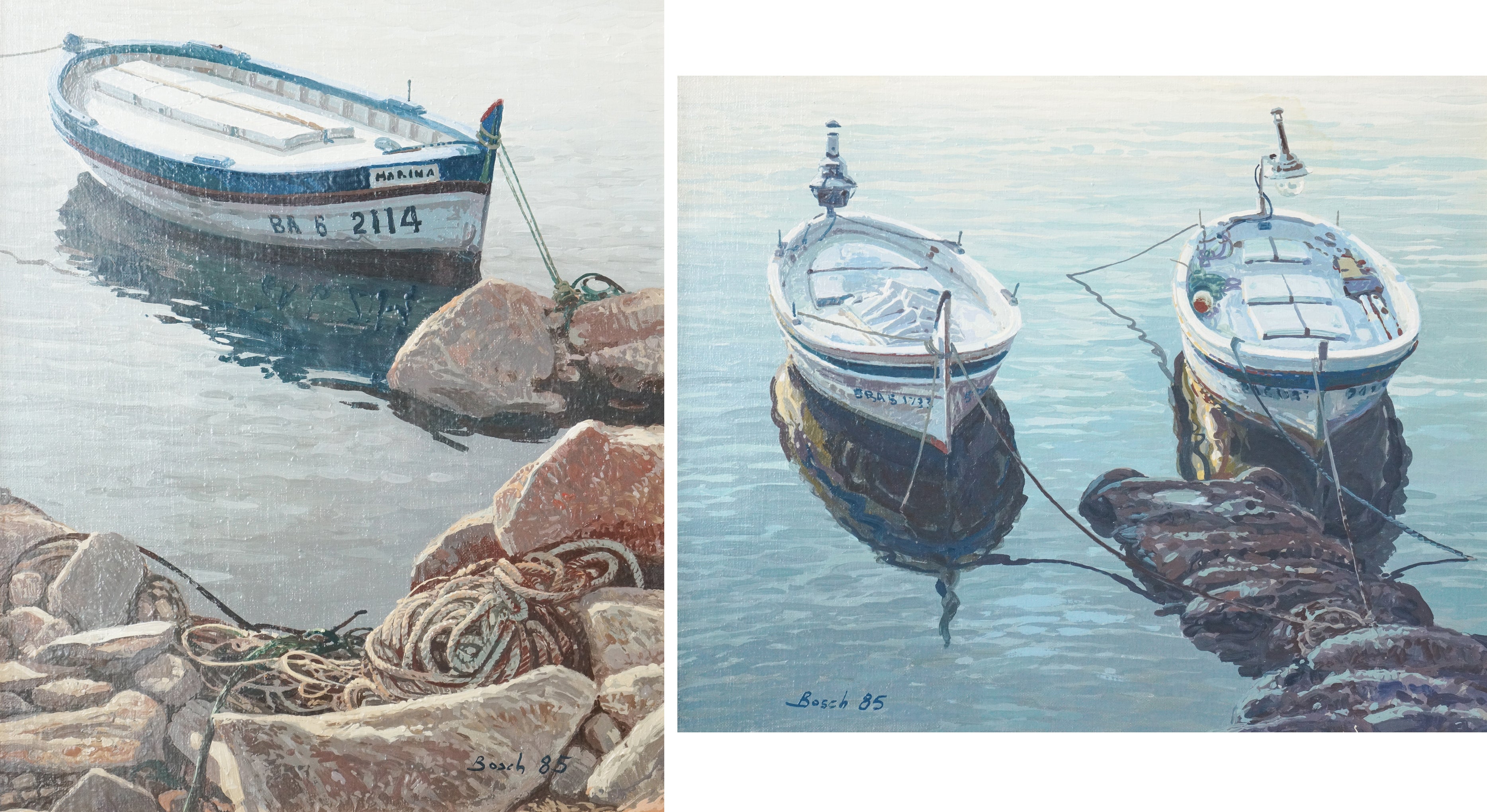 Two paintings of boats tied up to a dock.