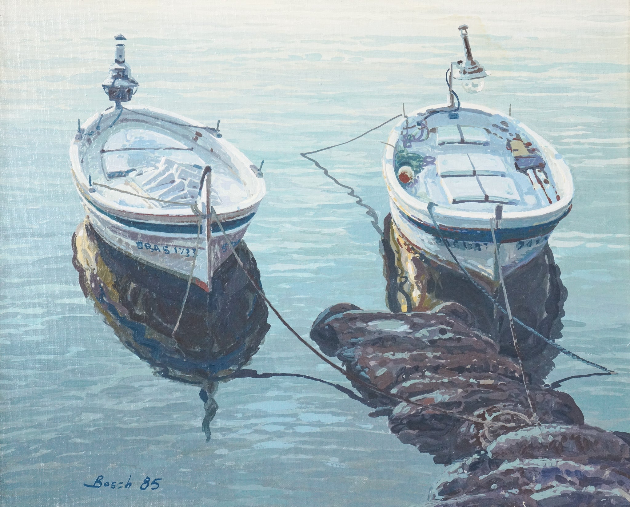 Two paintings of boats tied up to a dock.