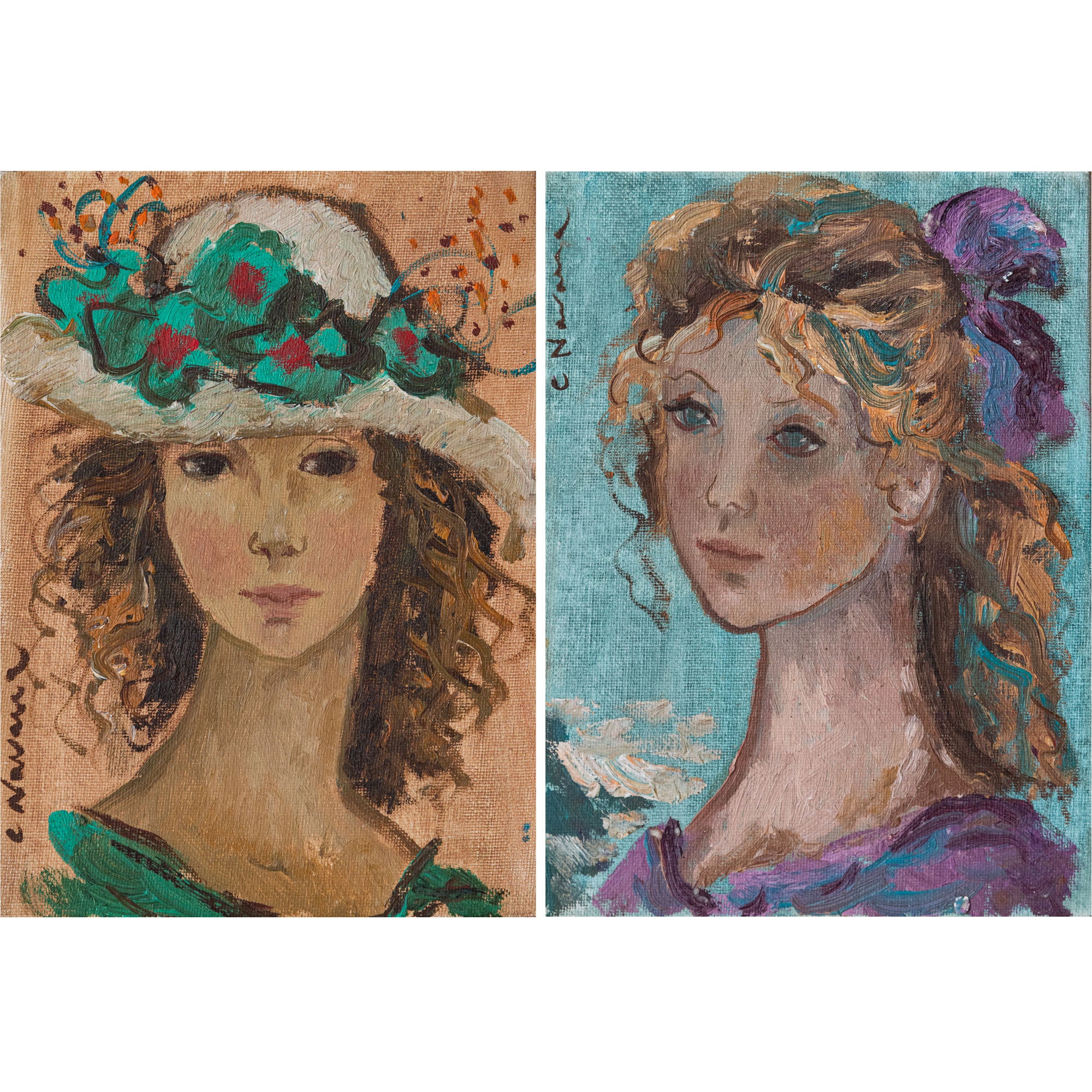 Artwork by Unknown, Two portraits - Young ladies, Made of Oil on board 