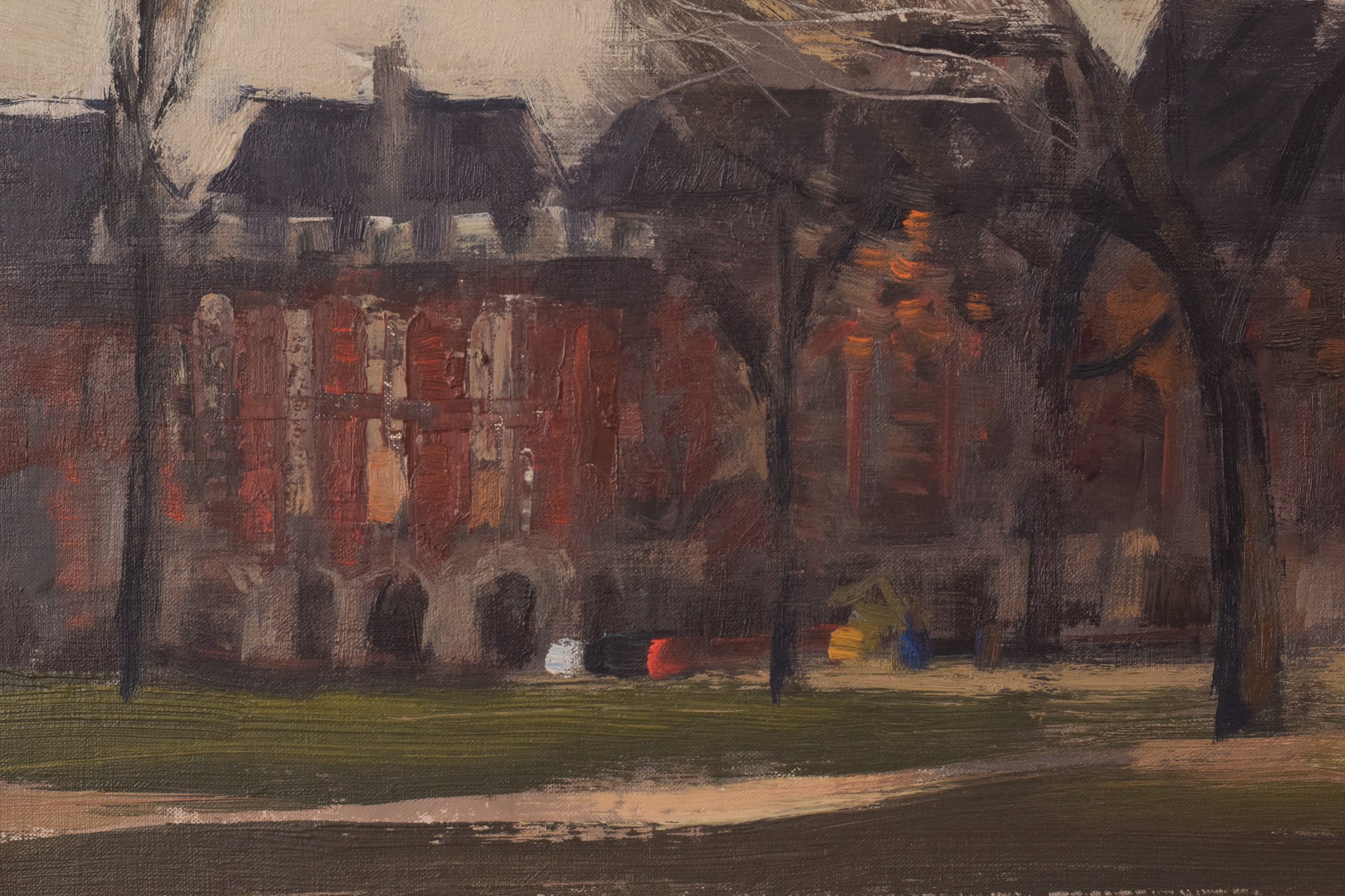 A painting of a park with trees and buildings in the background.