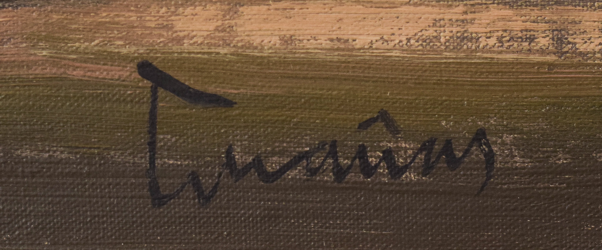 A painting of a park with trees and buildings in the background.