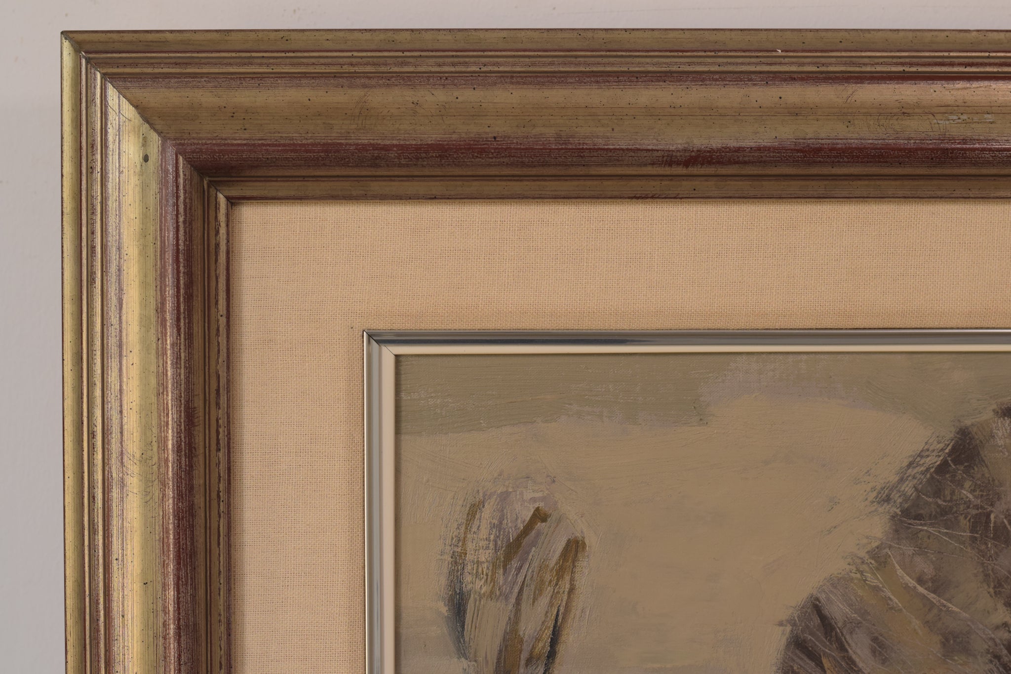 A painting of a park with trees and buildings in the background.