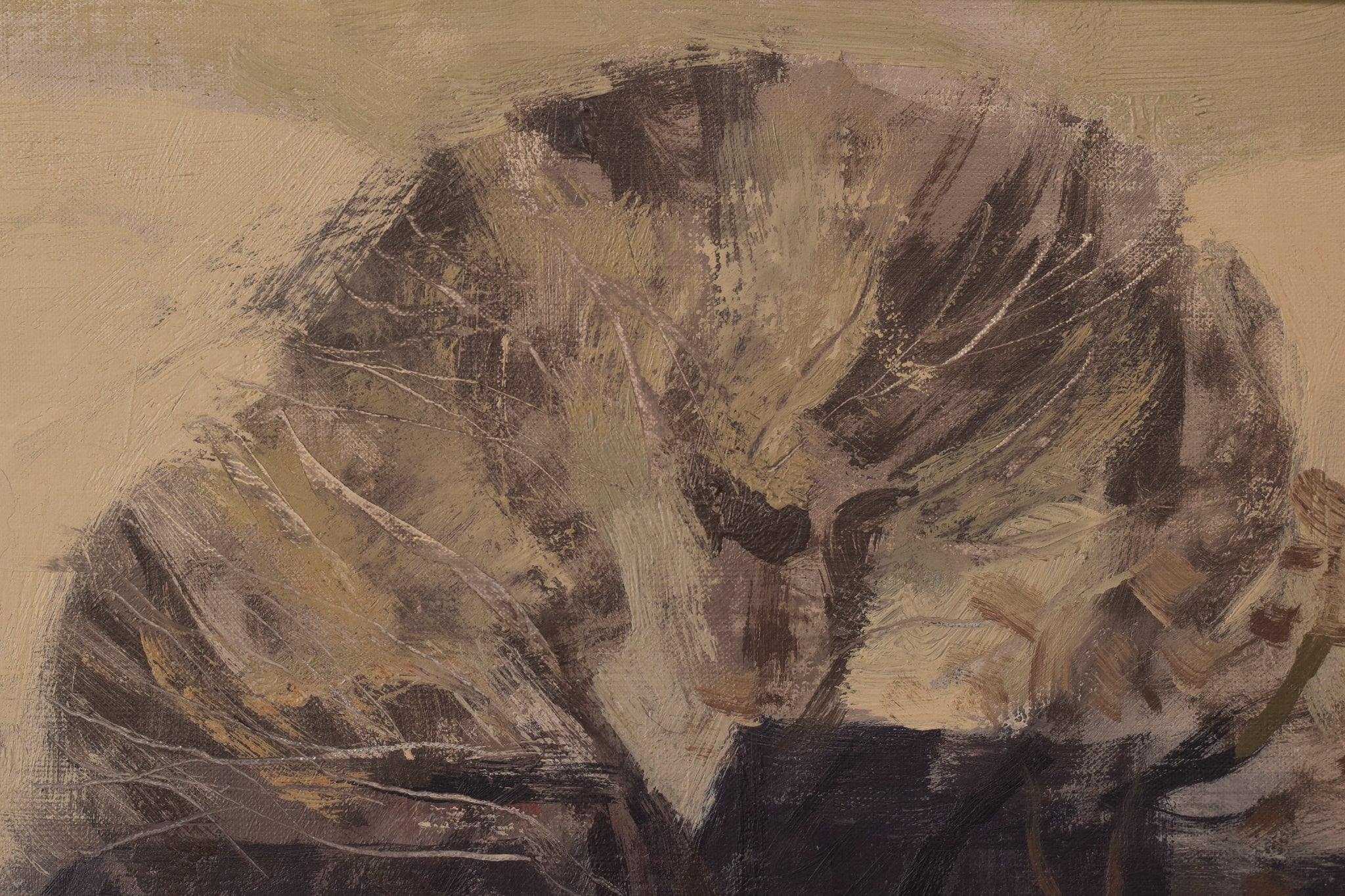 A painting of a park with trees and buildings in the background.