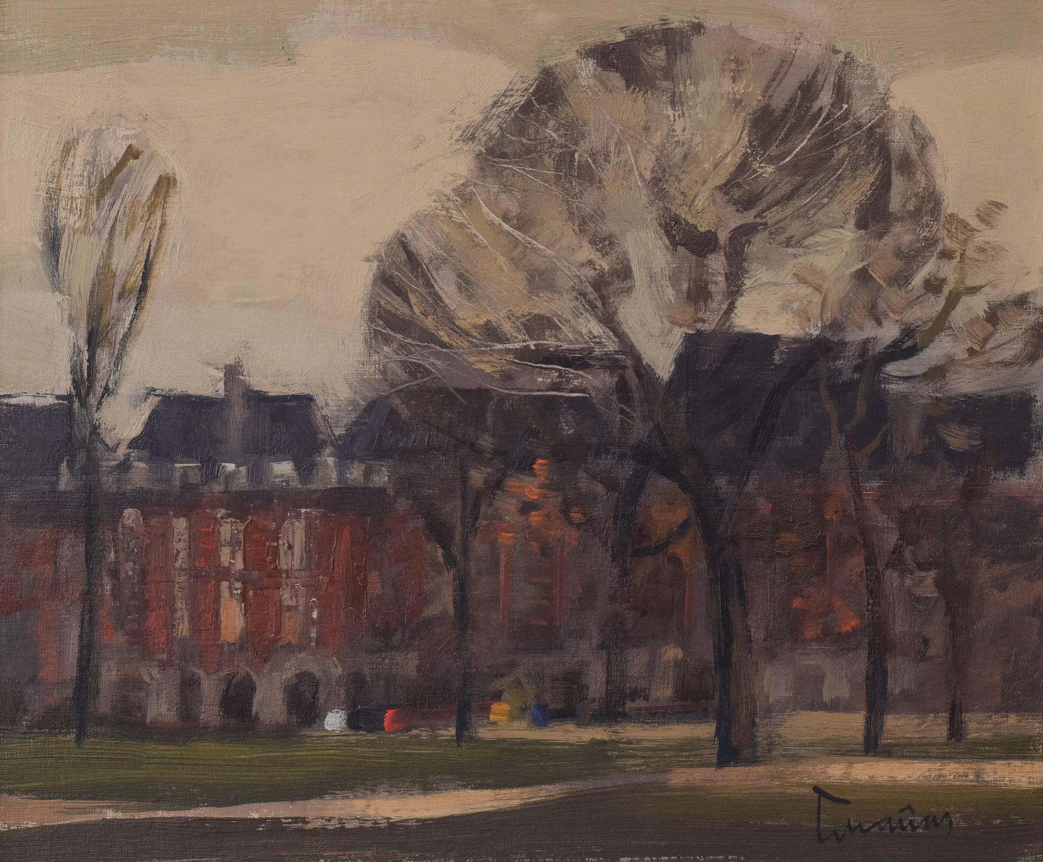 A painting of a park with trees and buildings in the background.