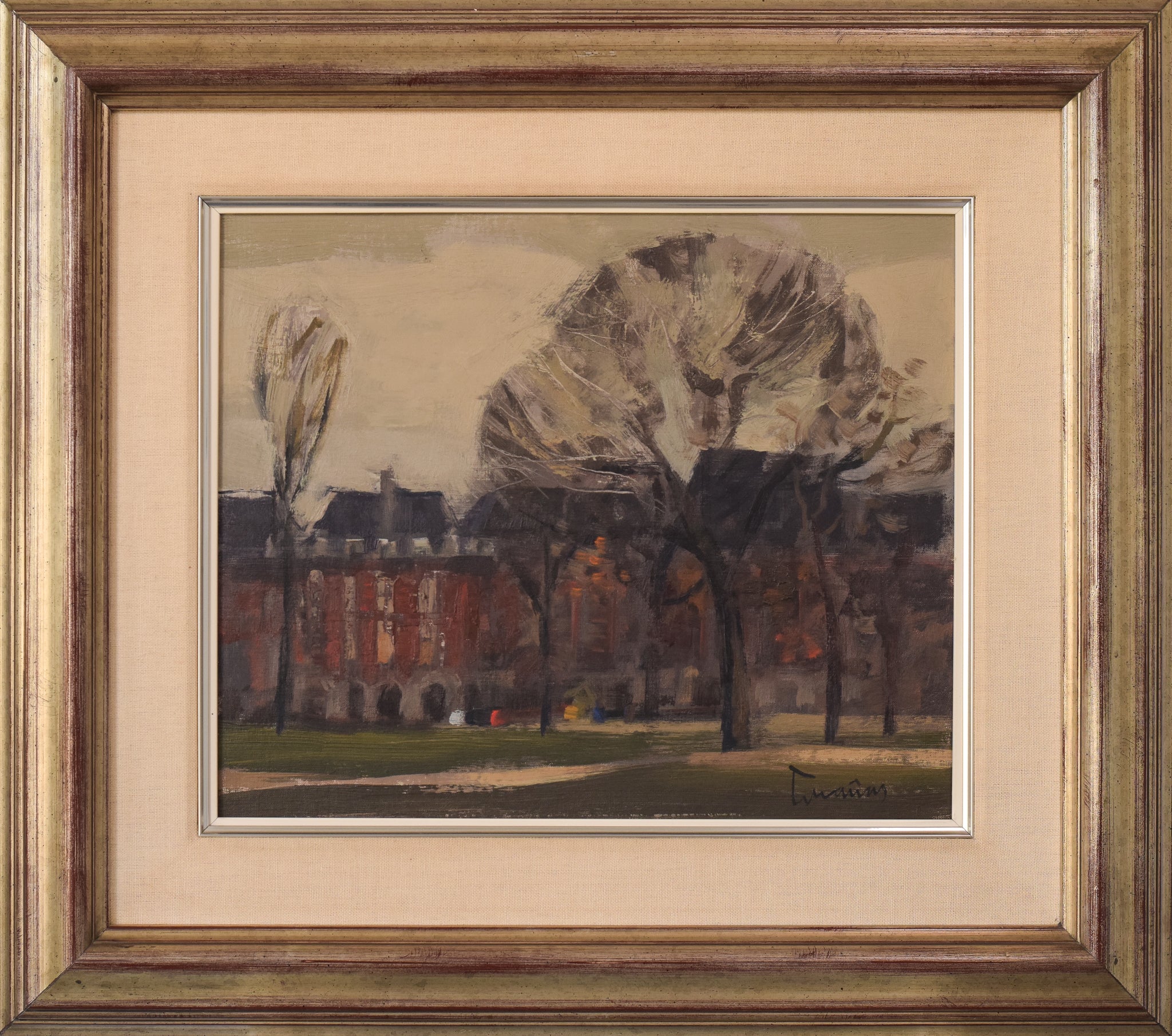 A painting of a park with trees and buildings in the background.